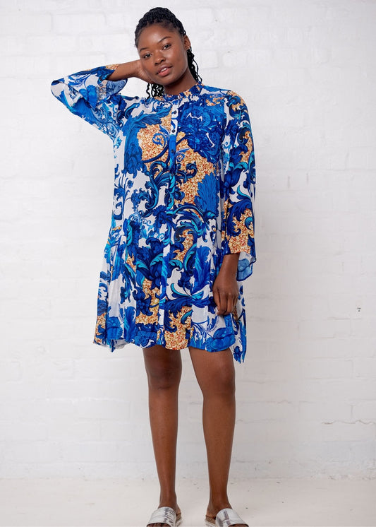 Amalfi Dress in Blue and Gold Fleur de Lys