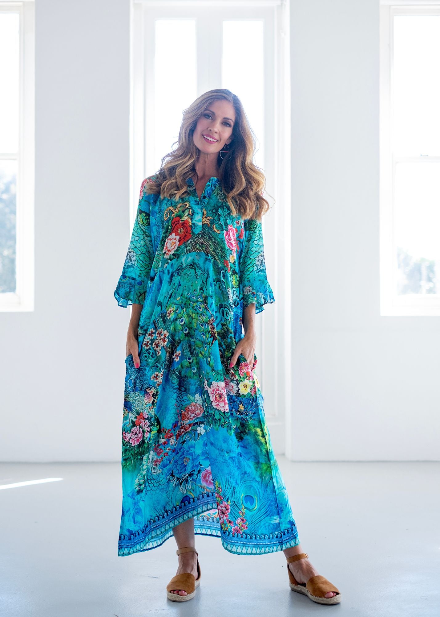 Jubilee Dress, Peacock and Pink Rose