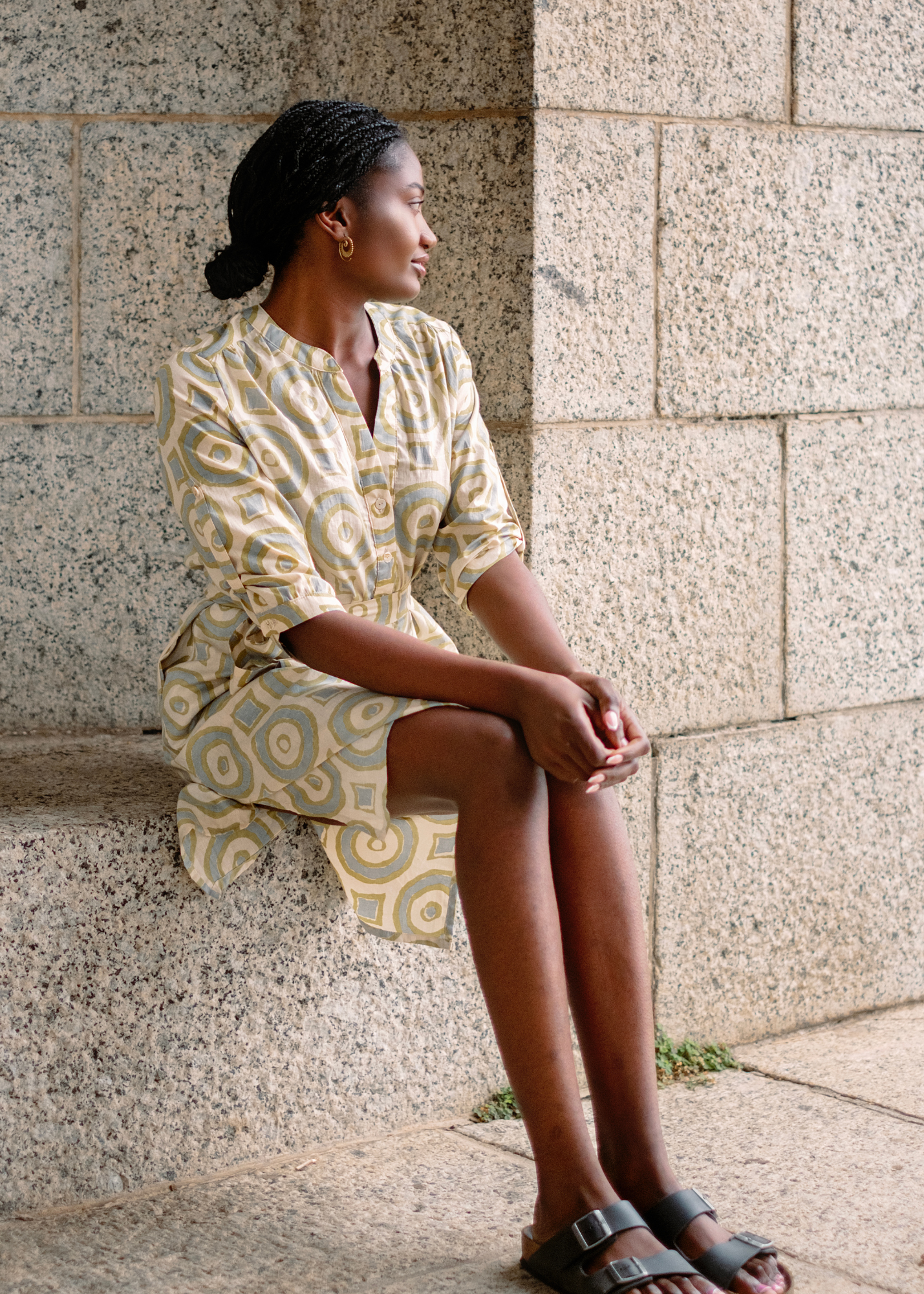 Mandarin Collar Dress in Taupe & avocado