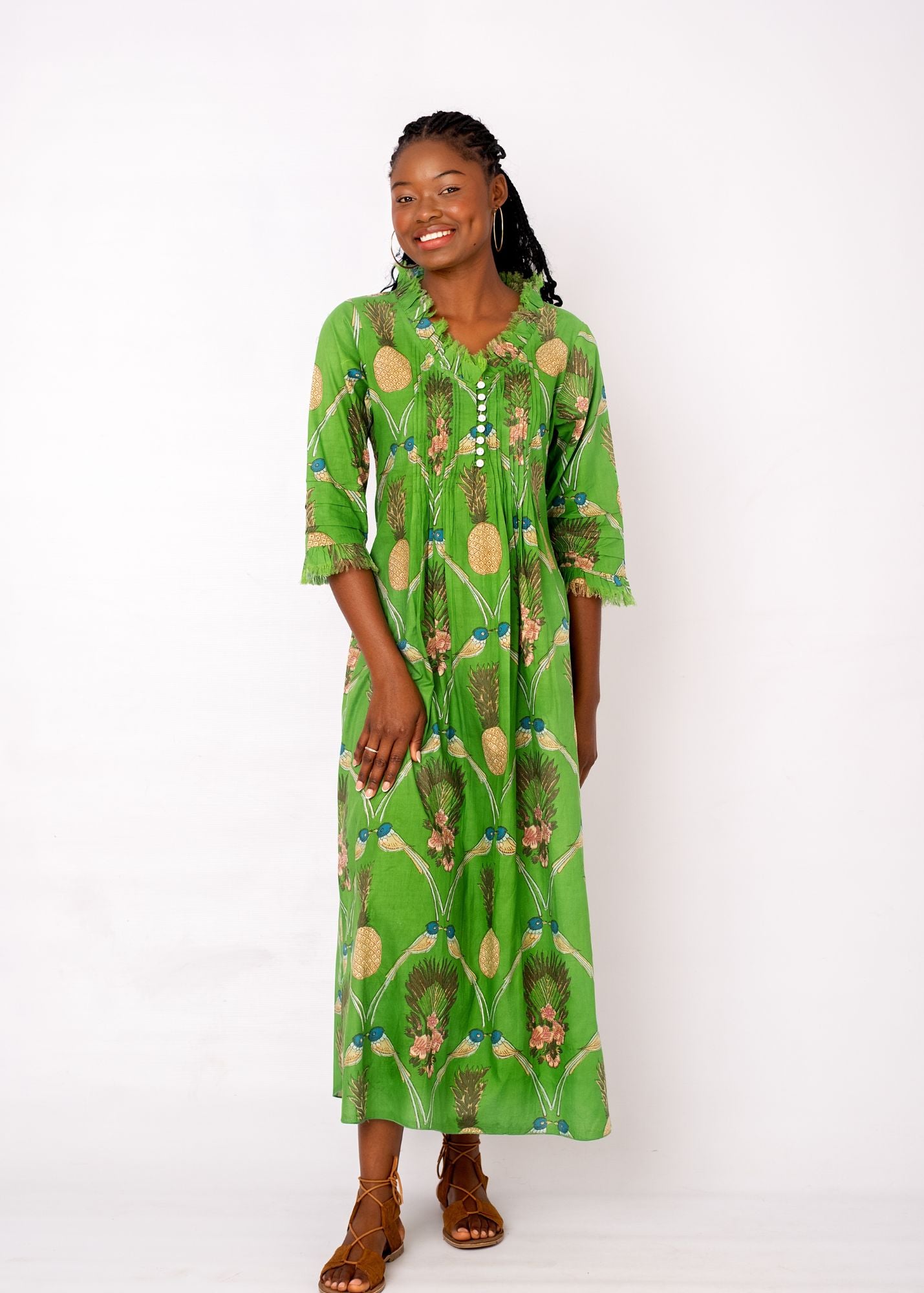 Sarah Dress with Frill in Green Pineapple – Iconic Designs Shop