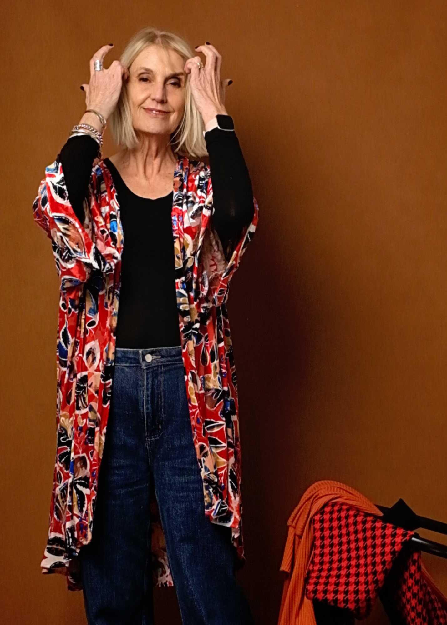 Velvet Bloom Kimono in Red and Cobalt Leaves