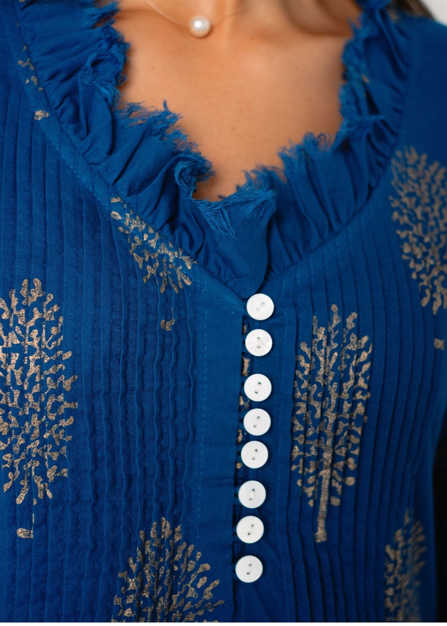 Sarah dress in Blue with Gold Tree (Long Length)