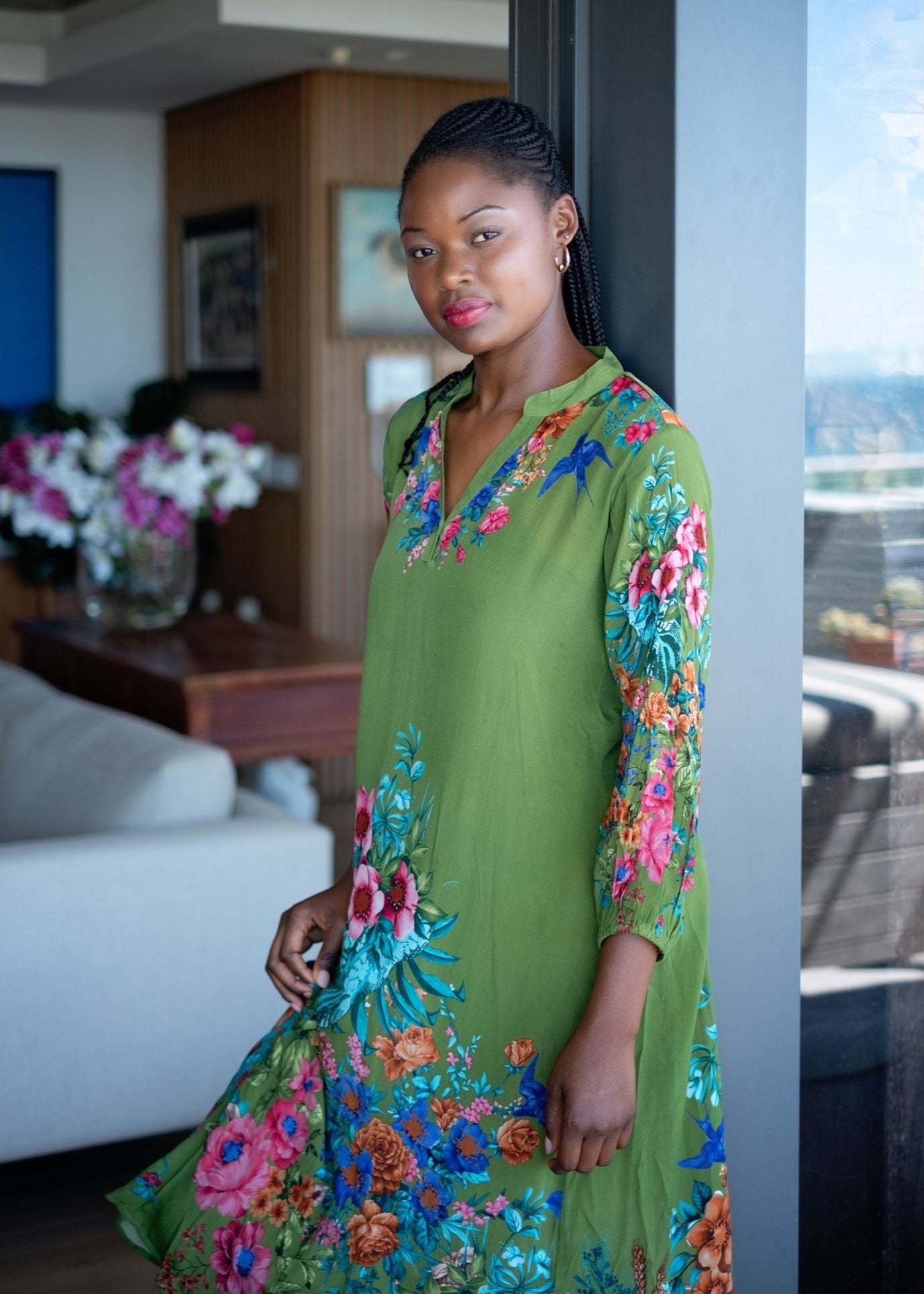 Carli Dress in Green with Pink Floral