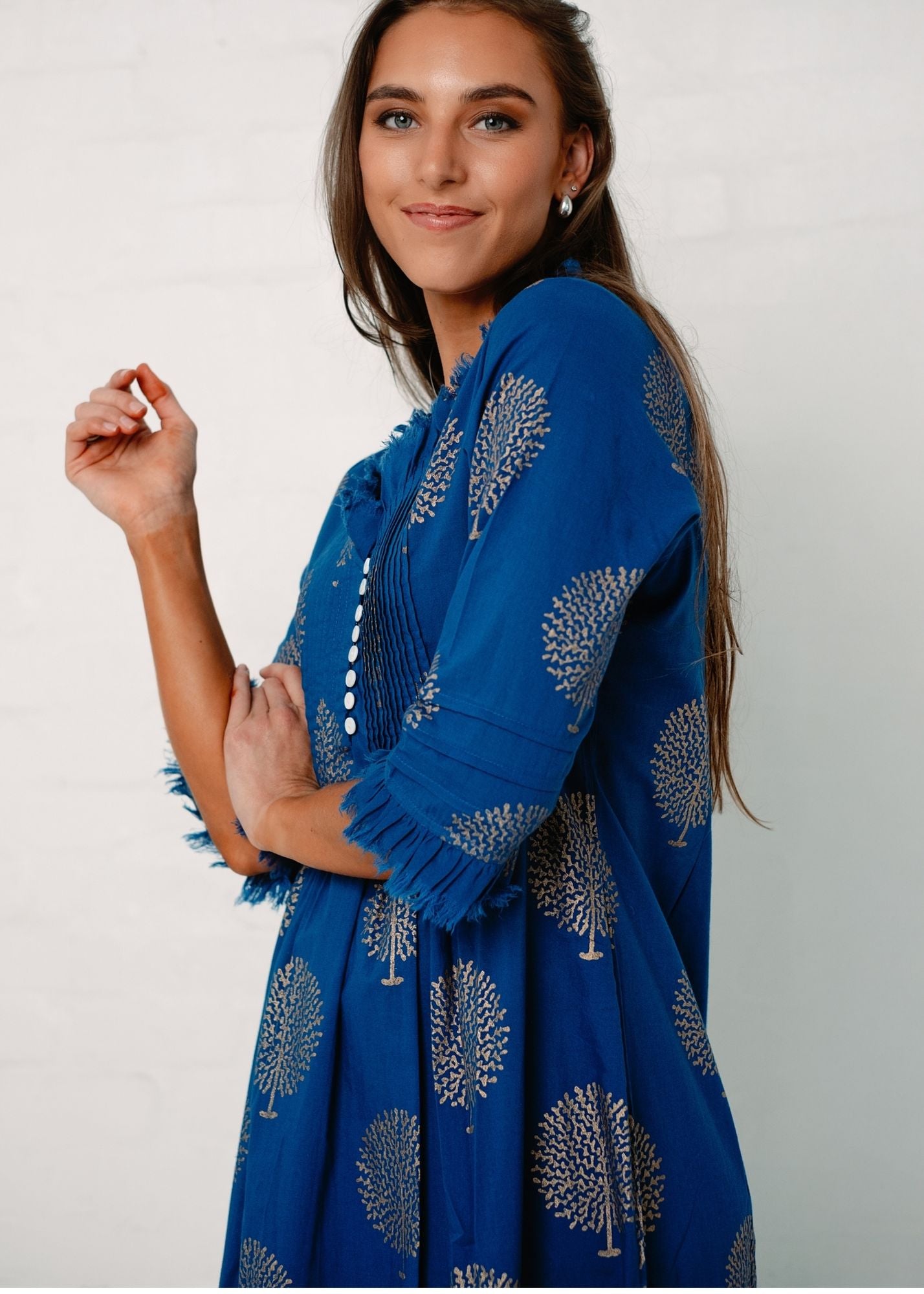 Sarah dress in Blue with Gold Tree (Long Length)