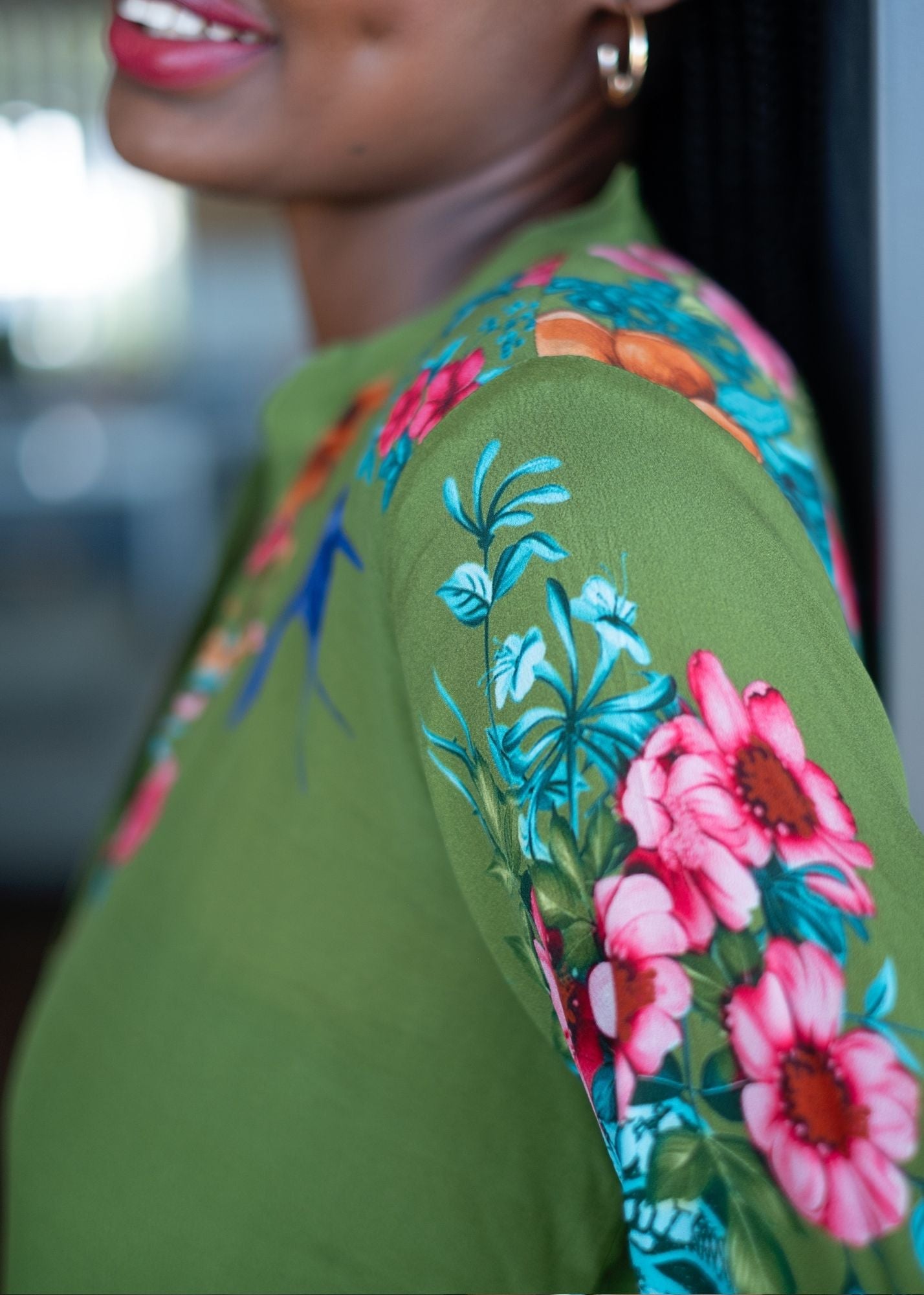 Carli Dress in Green with Pink Floral