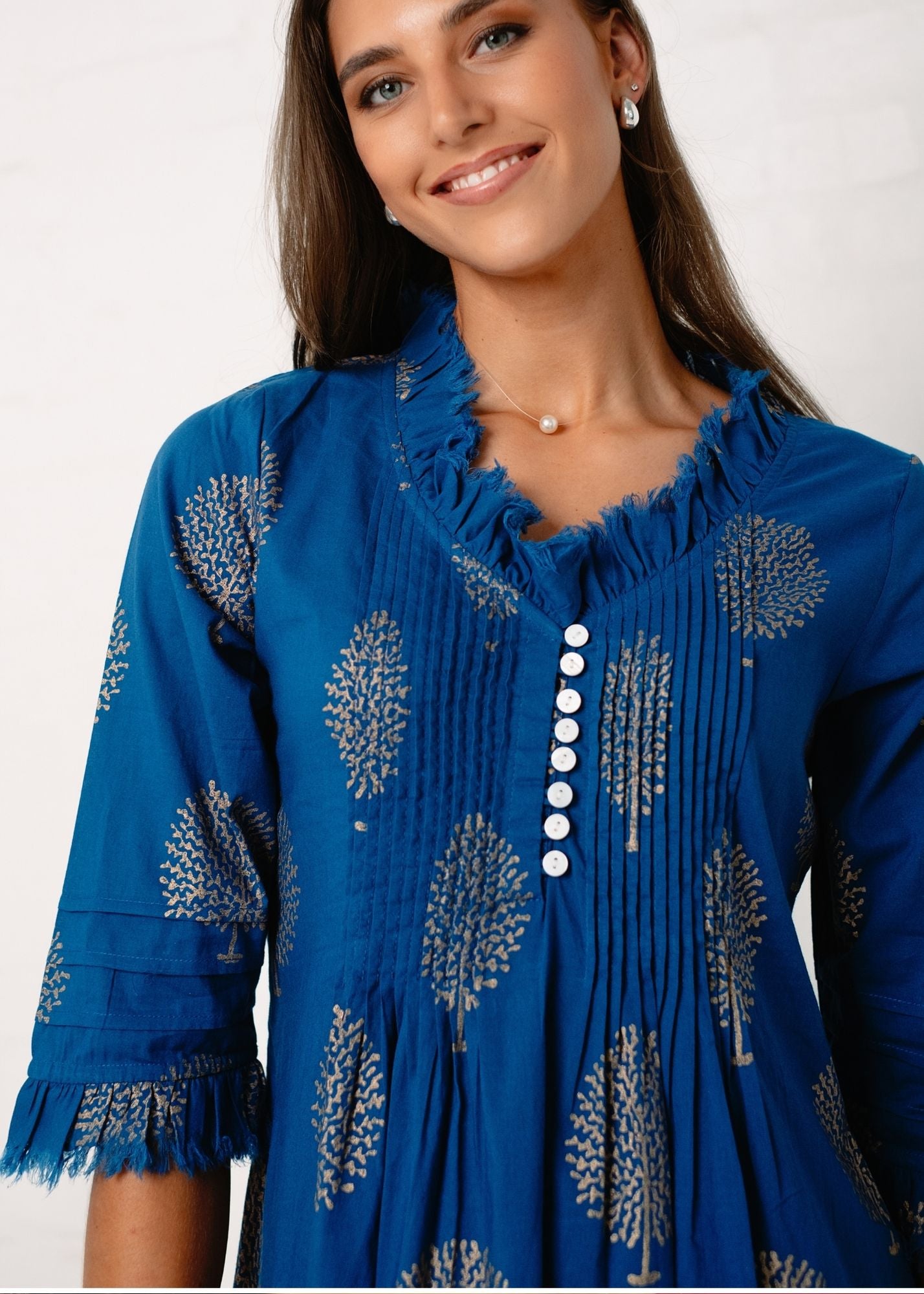 Sarah dress in Blue with Gold Tree (Long Length)