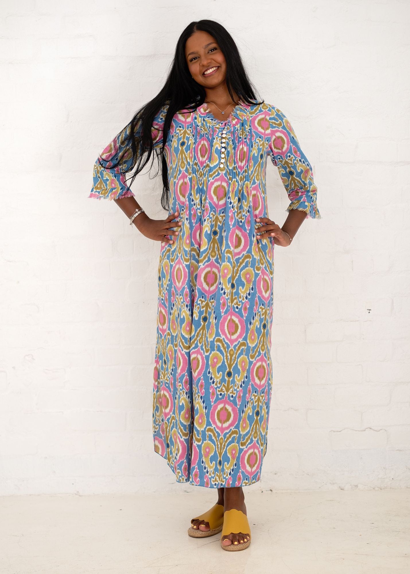 Sarah Dress with Frill in Blue and Pink Ikat Calf Length