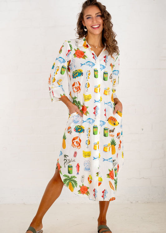 Laura Shirt Dress in White Tropical