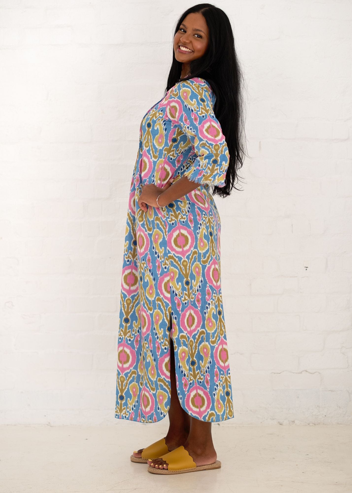 Sarah Dress with Frill in Blue and Pink Ikat Calf Length