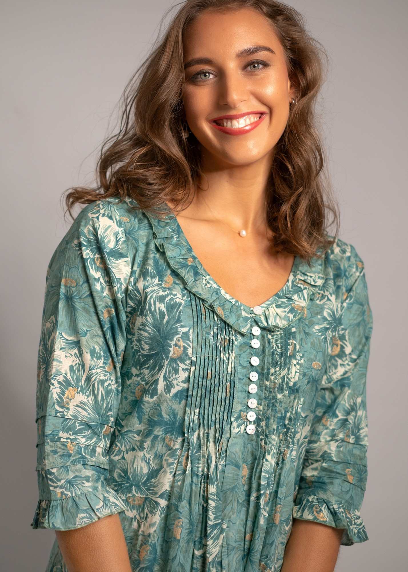 Leah Dress with Outside Frill in Green and Grey Flowers