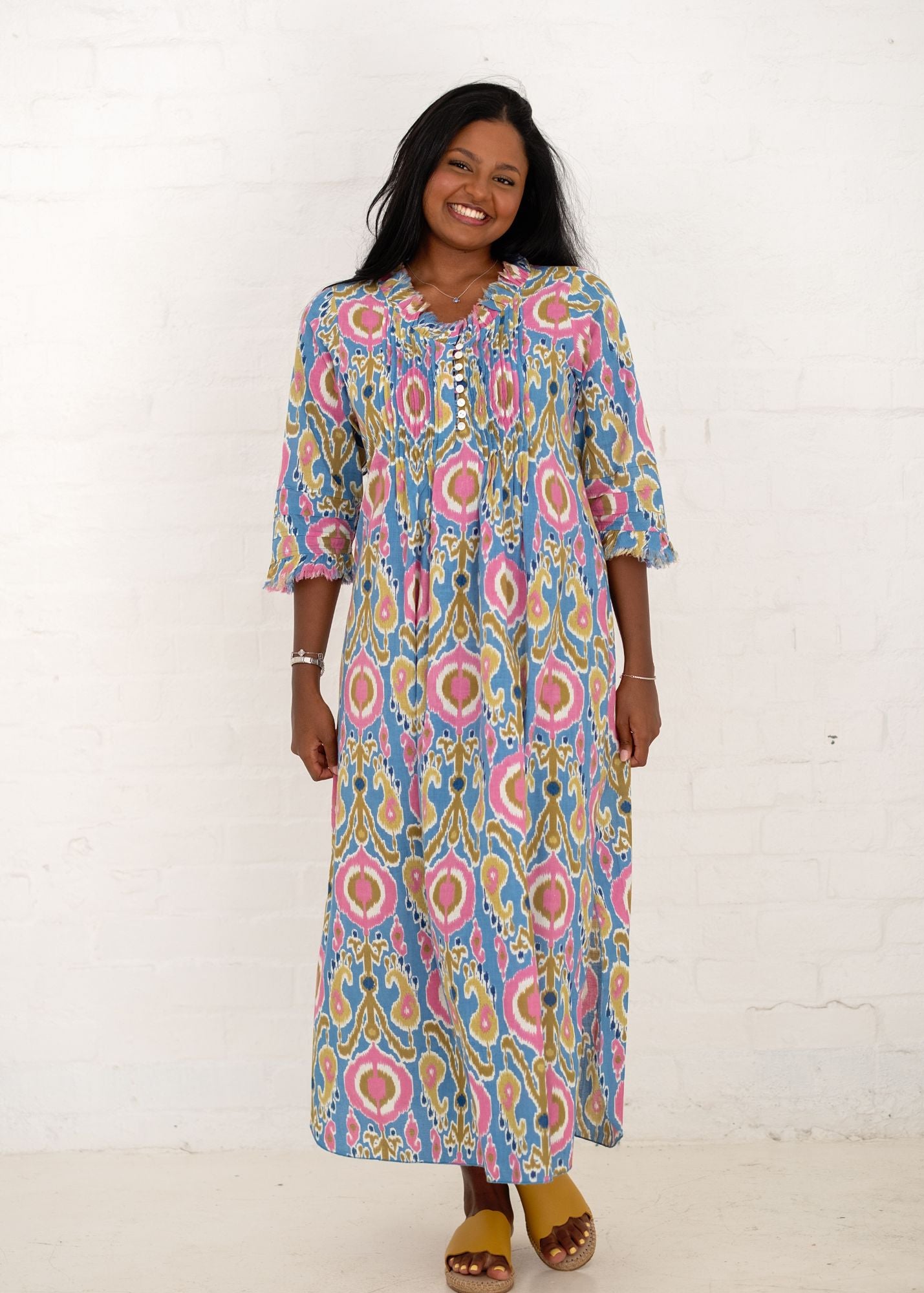 Sarah Dress with Frill in Blue and Pink Ikat Calf Length