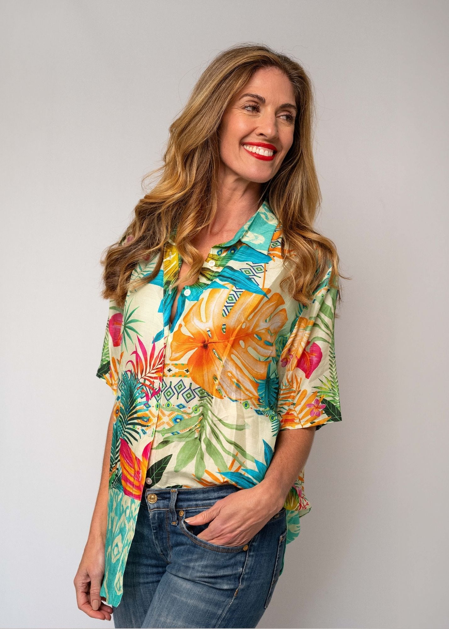 Molly Button down blouse in Tropical Sunset