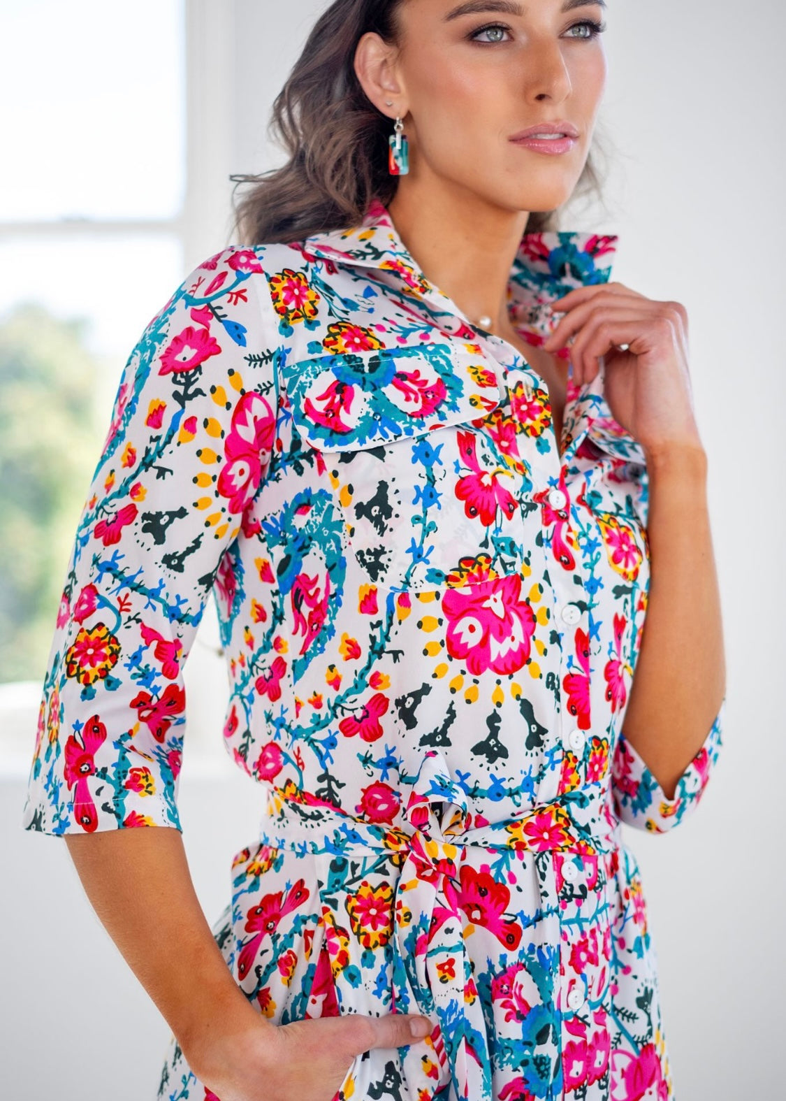 Betty Button dress, White with Multicolour Floral Print