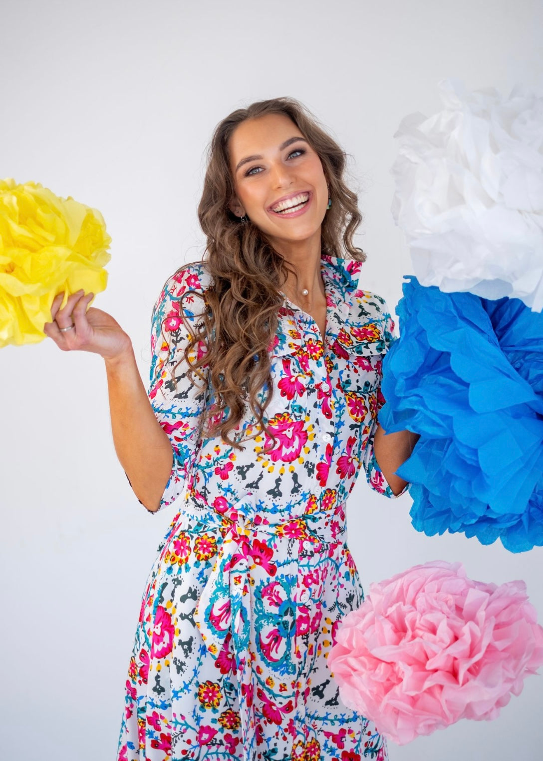 Betty Button dress, White with Multicolour Floral Print