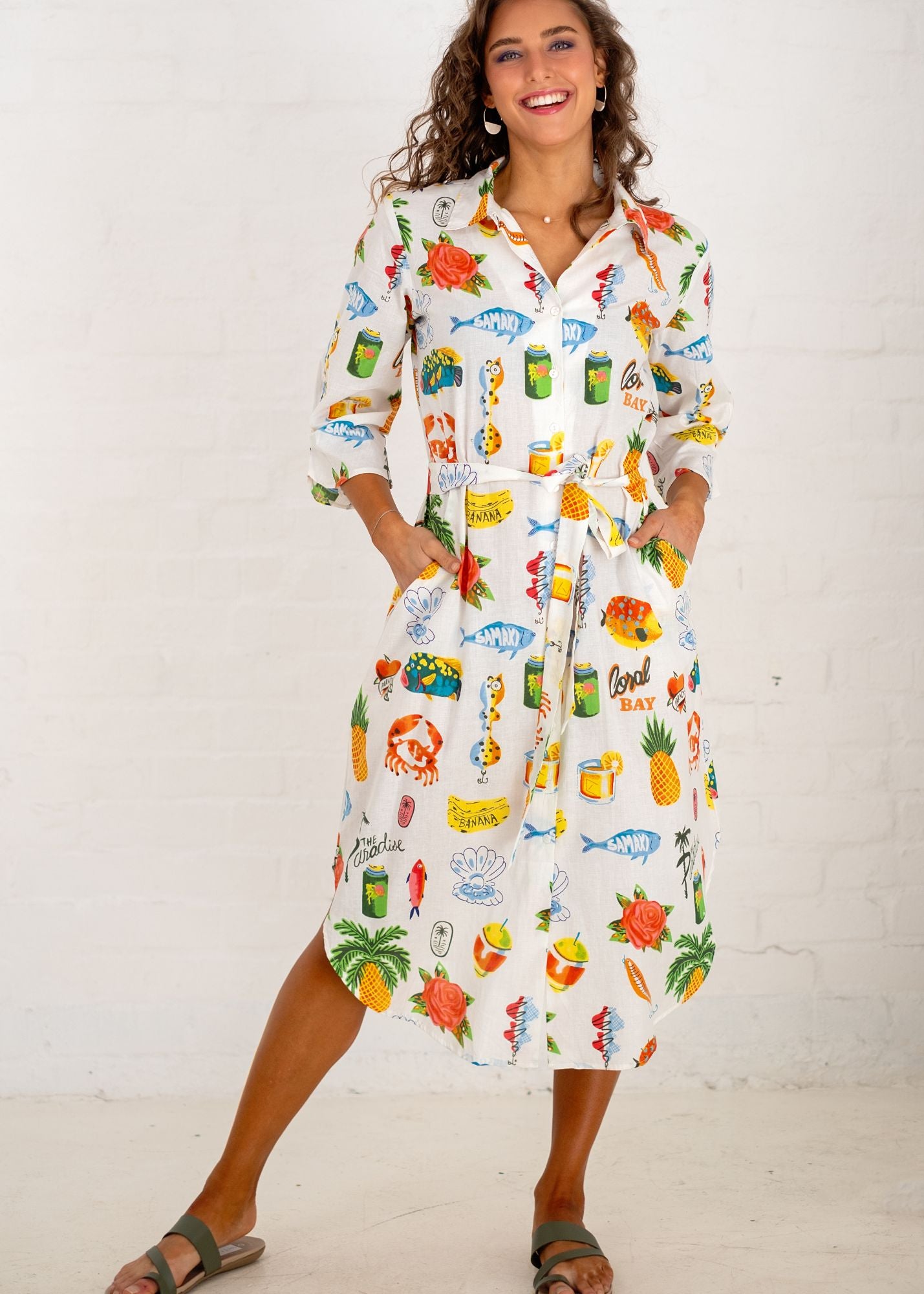 Laura Shirt Dress in White Tropical
