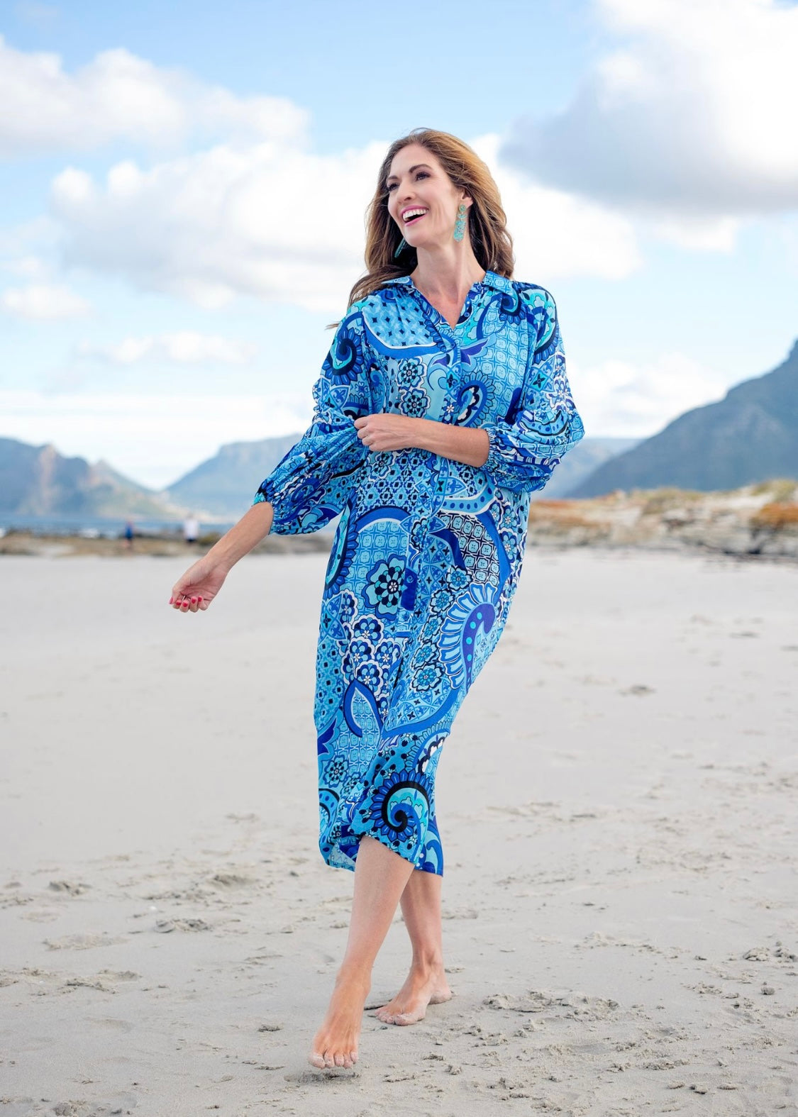 Ruby Raglan Button Down Dress in Blue paisley