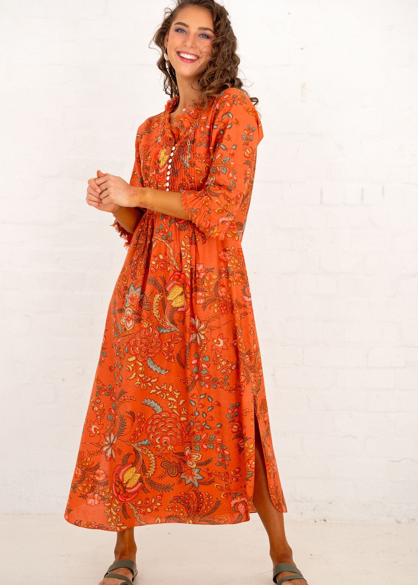Sarah Dress with Frill in Terracotta Bloom