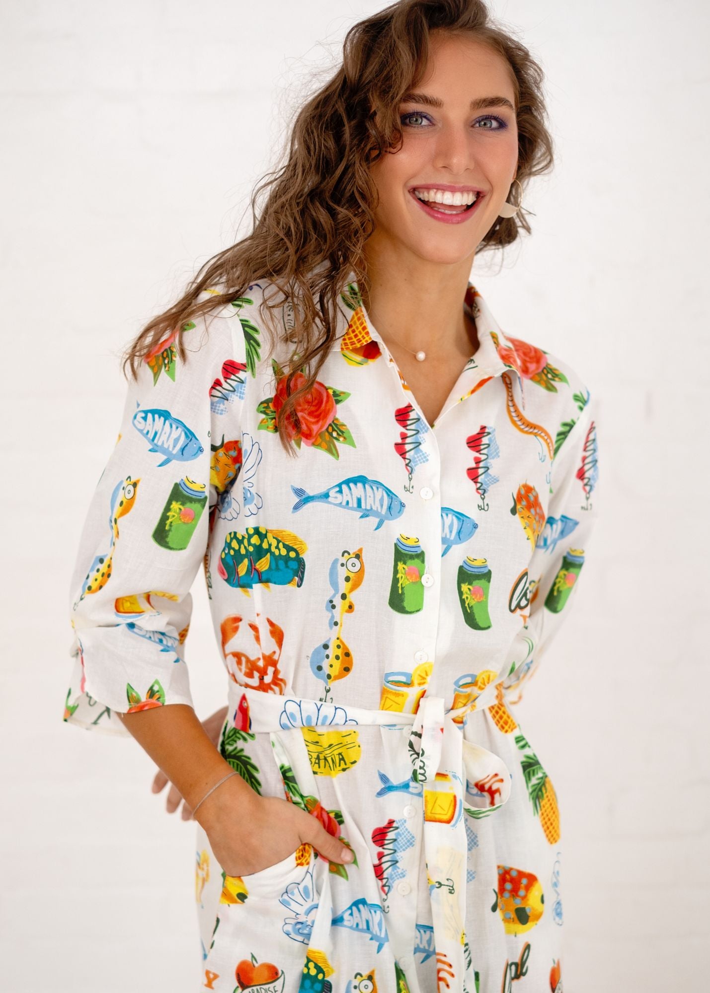 Laura Shirt Dress in White Tropical