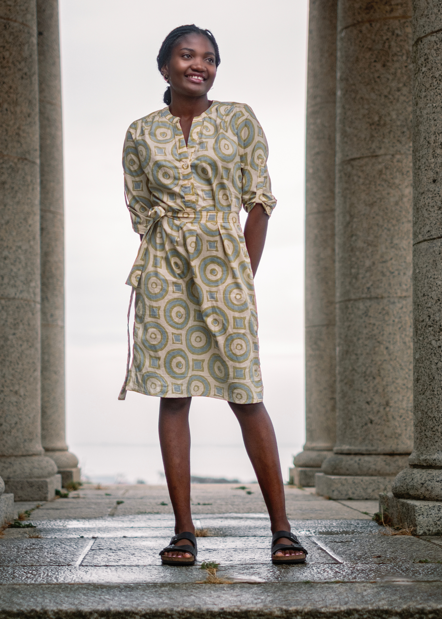 Mandarin Collar Dress in Taupe & avocado