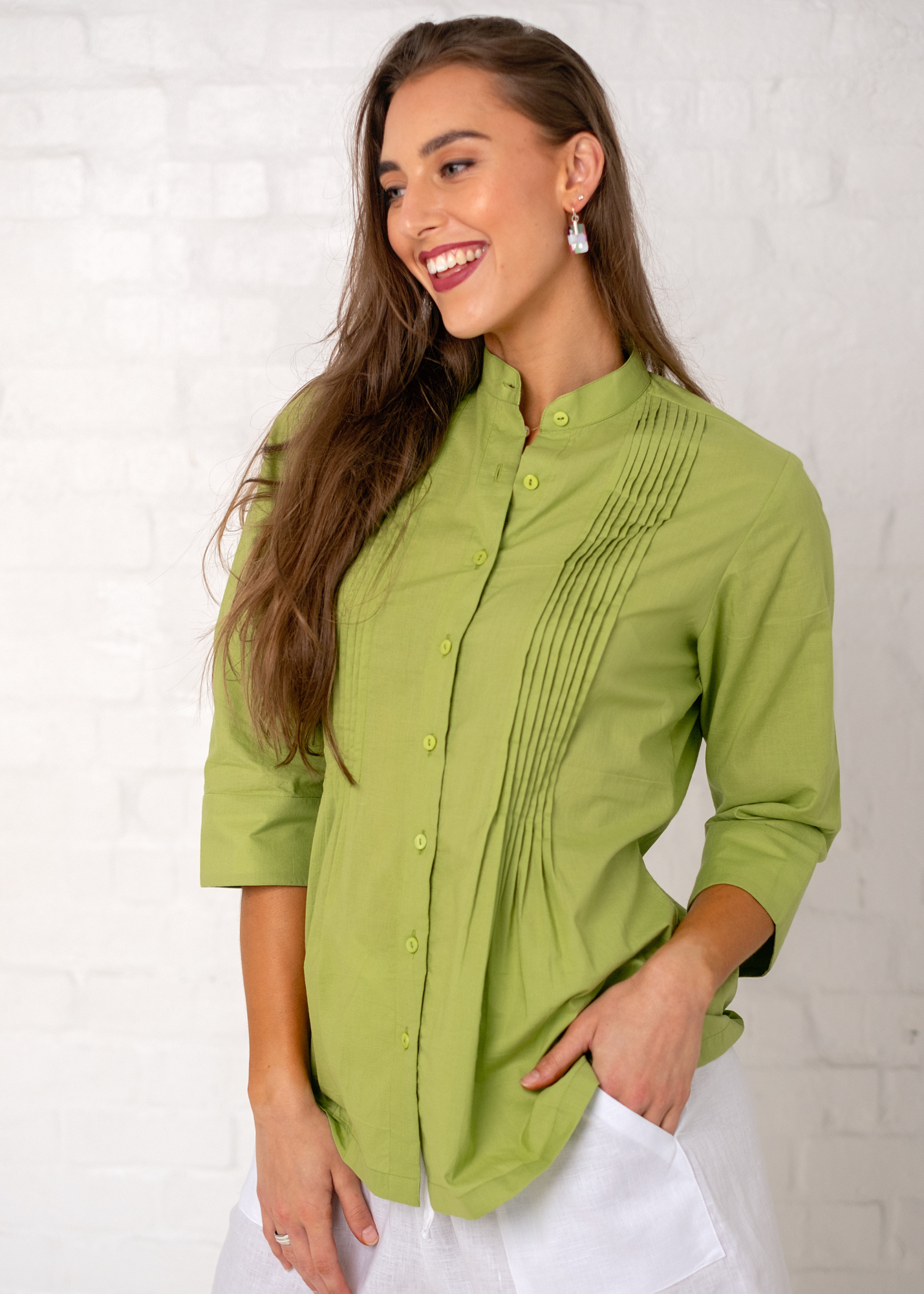 Chinese Collar Button Down Shirt in Lime