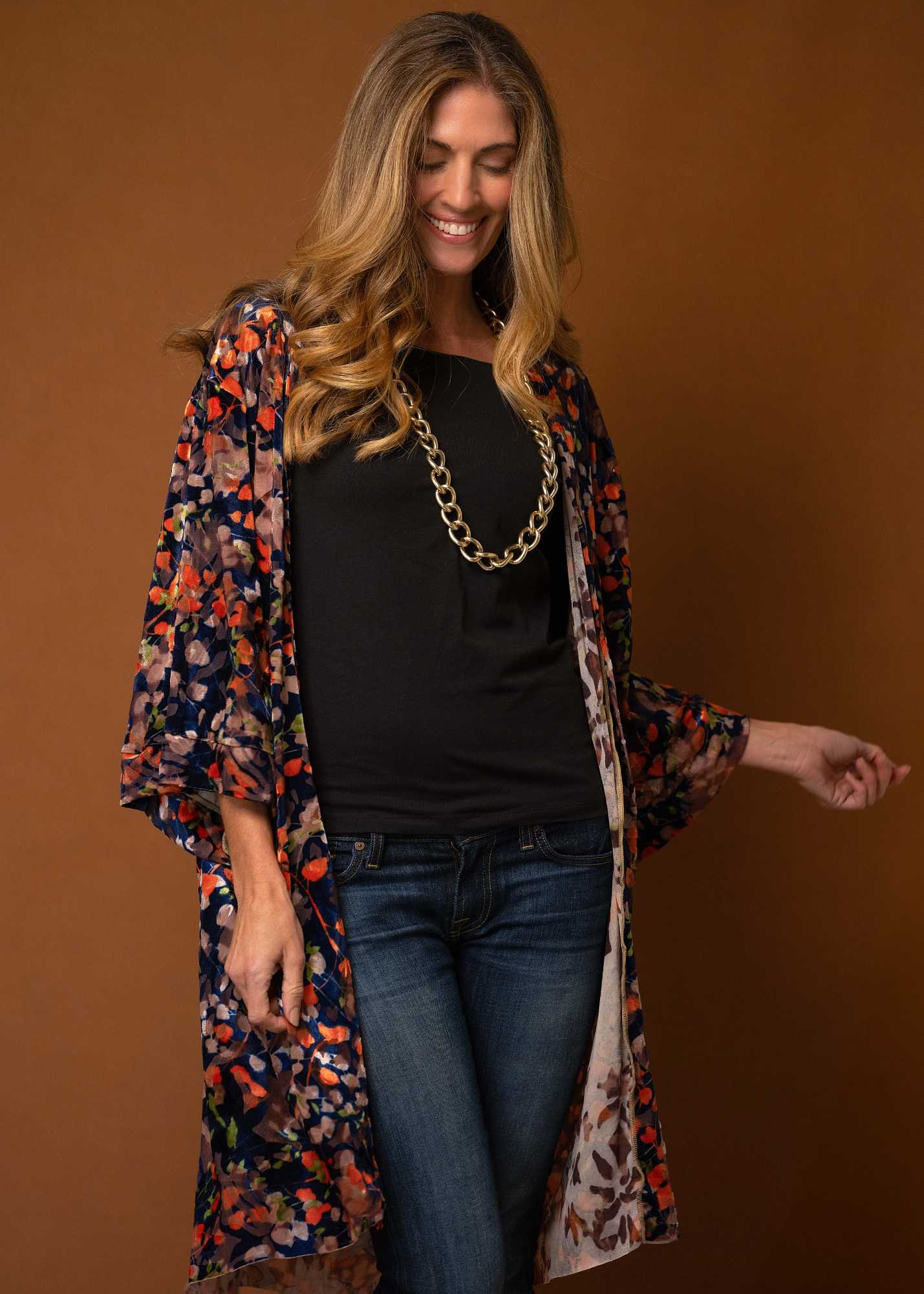 Velvet Bloom Kimono in Navy and Coral