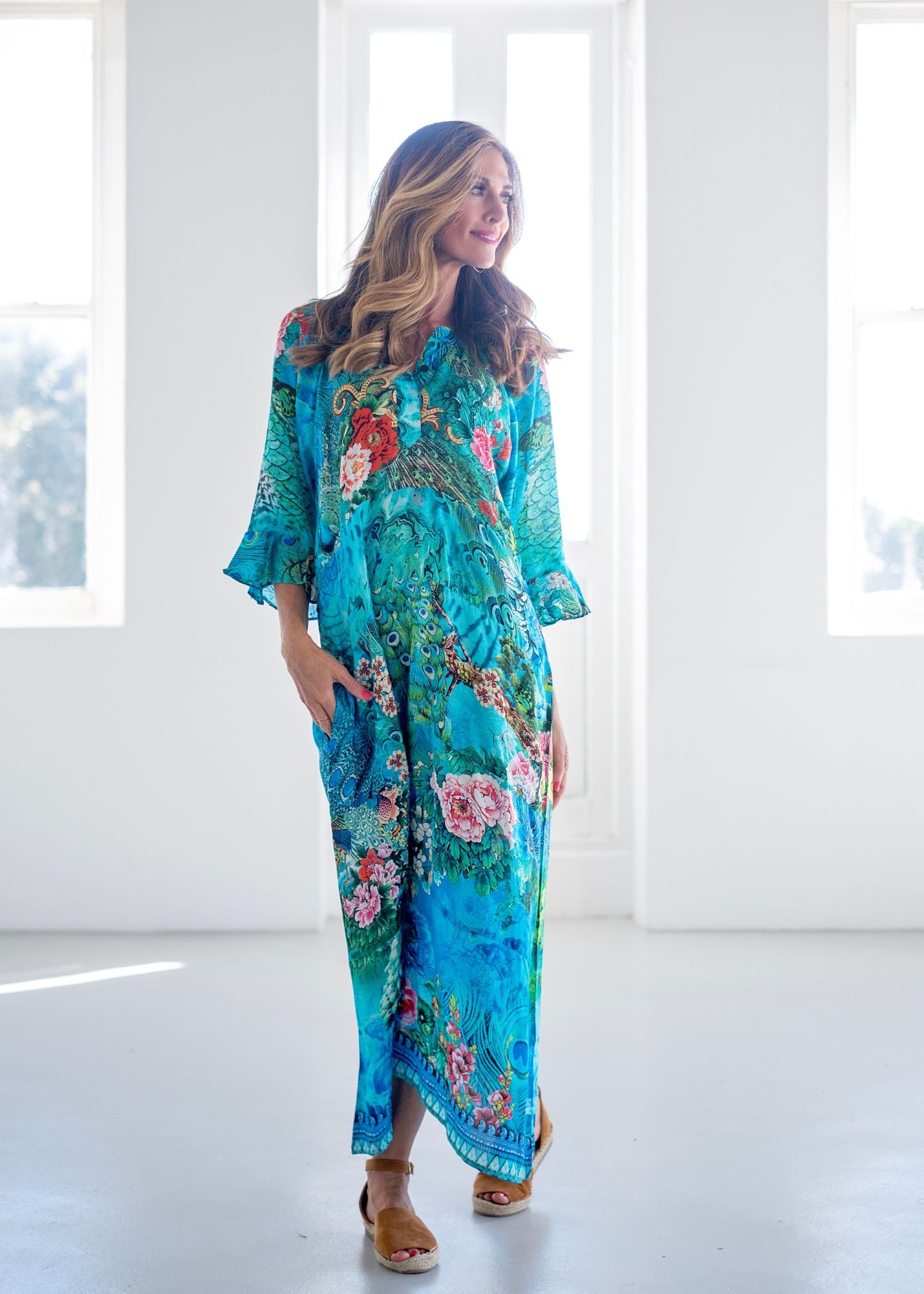 Jubilee Dress, Peacock and Pink Rose