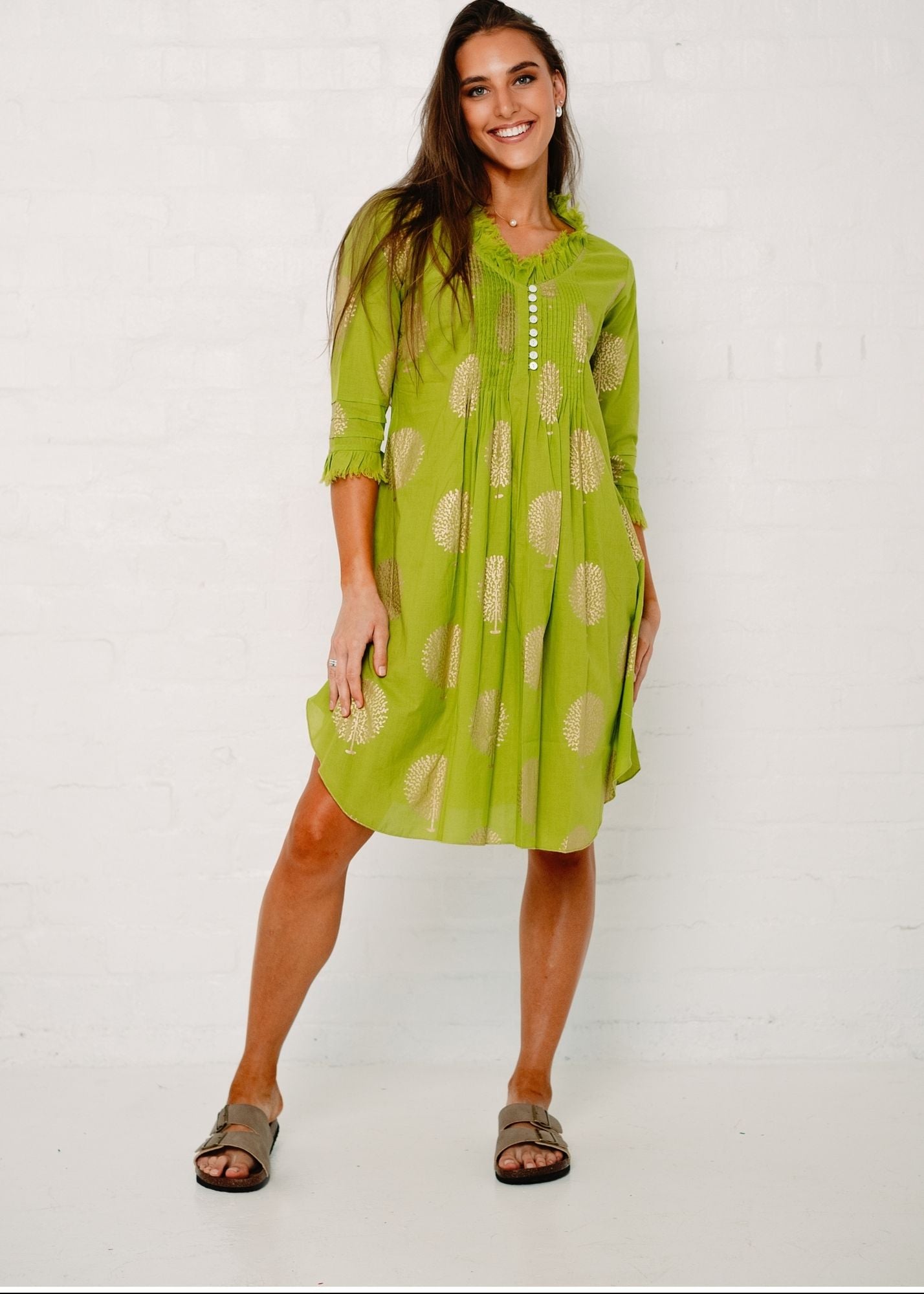 Sarah dress in Lime with Gold Tree (Short Length)