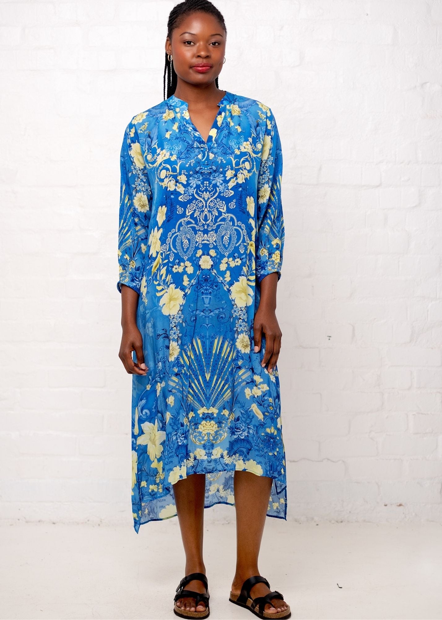 Carli Dress in Blue With Butter Yellow Flower – Iconic Designs Shop