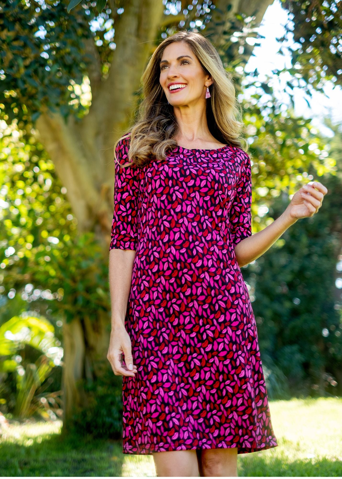 Boat Neck Dress, Pink and Black