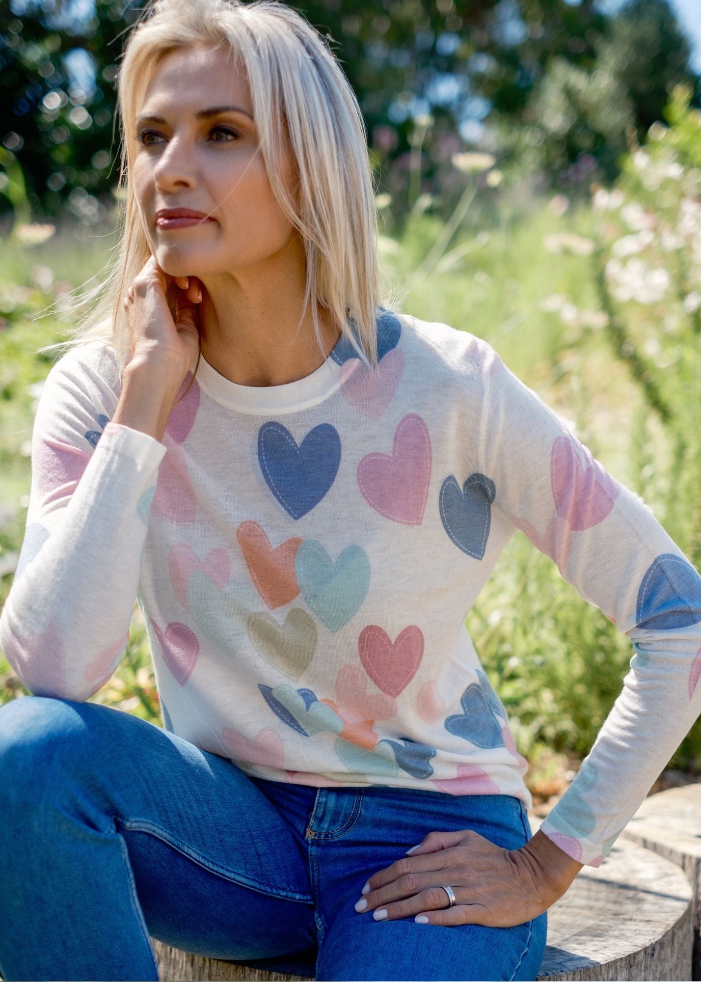 100% Wool Round Neck Long Sleeve Sweater in Rainbow of Hearts