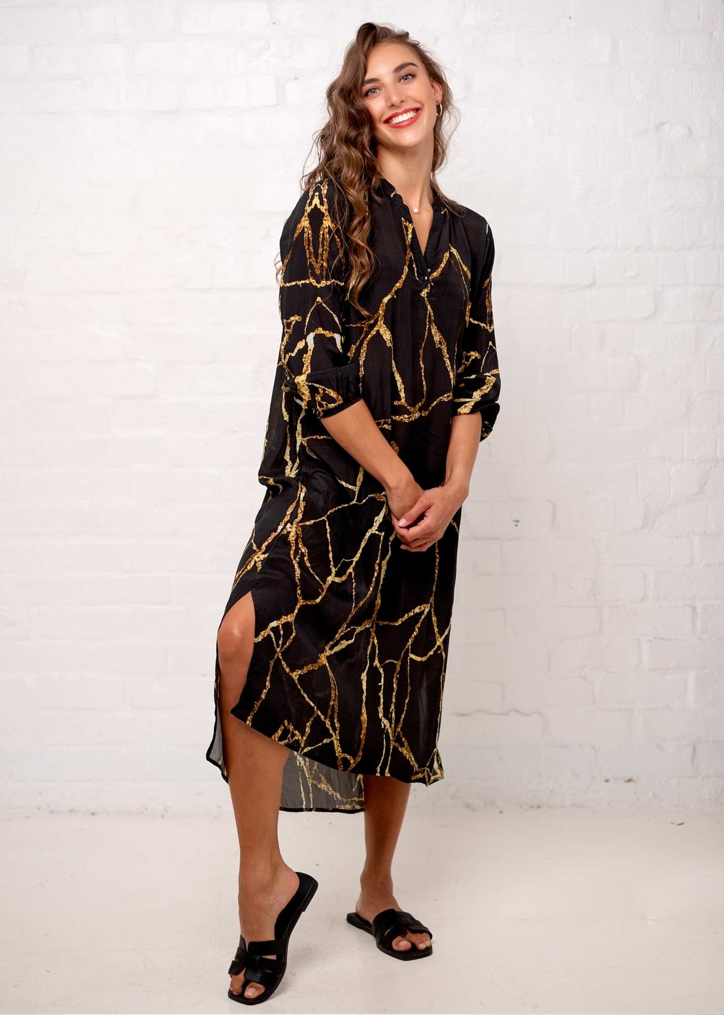 Carli Dress in Black and Gold Marble