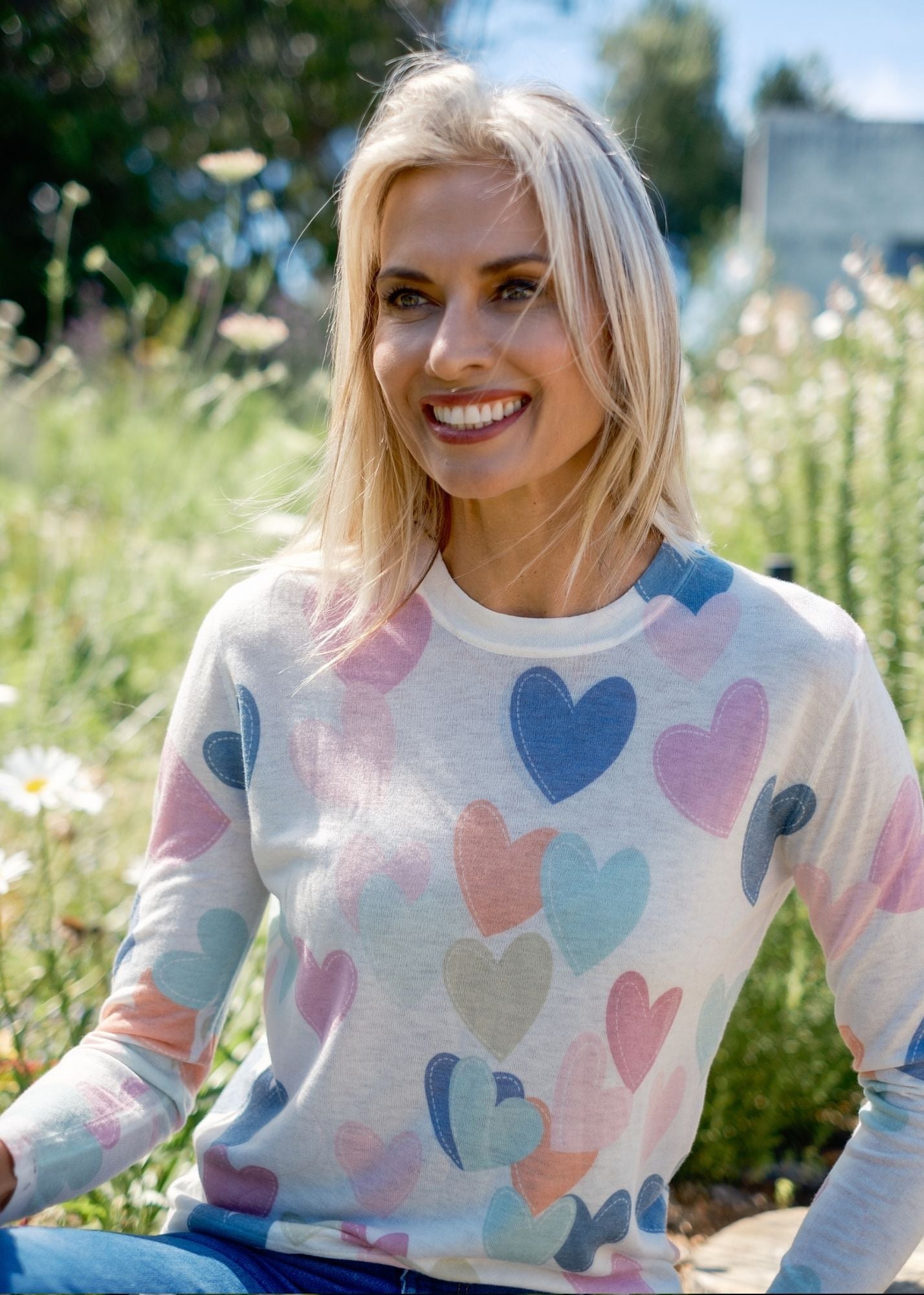 100% Wool Round Neck Long Sleeve Sweater in Rainbow of Hearts
