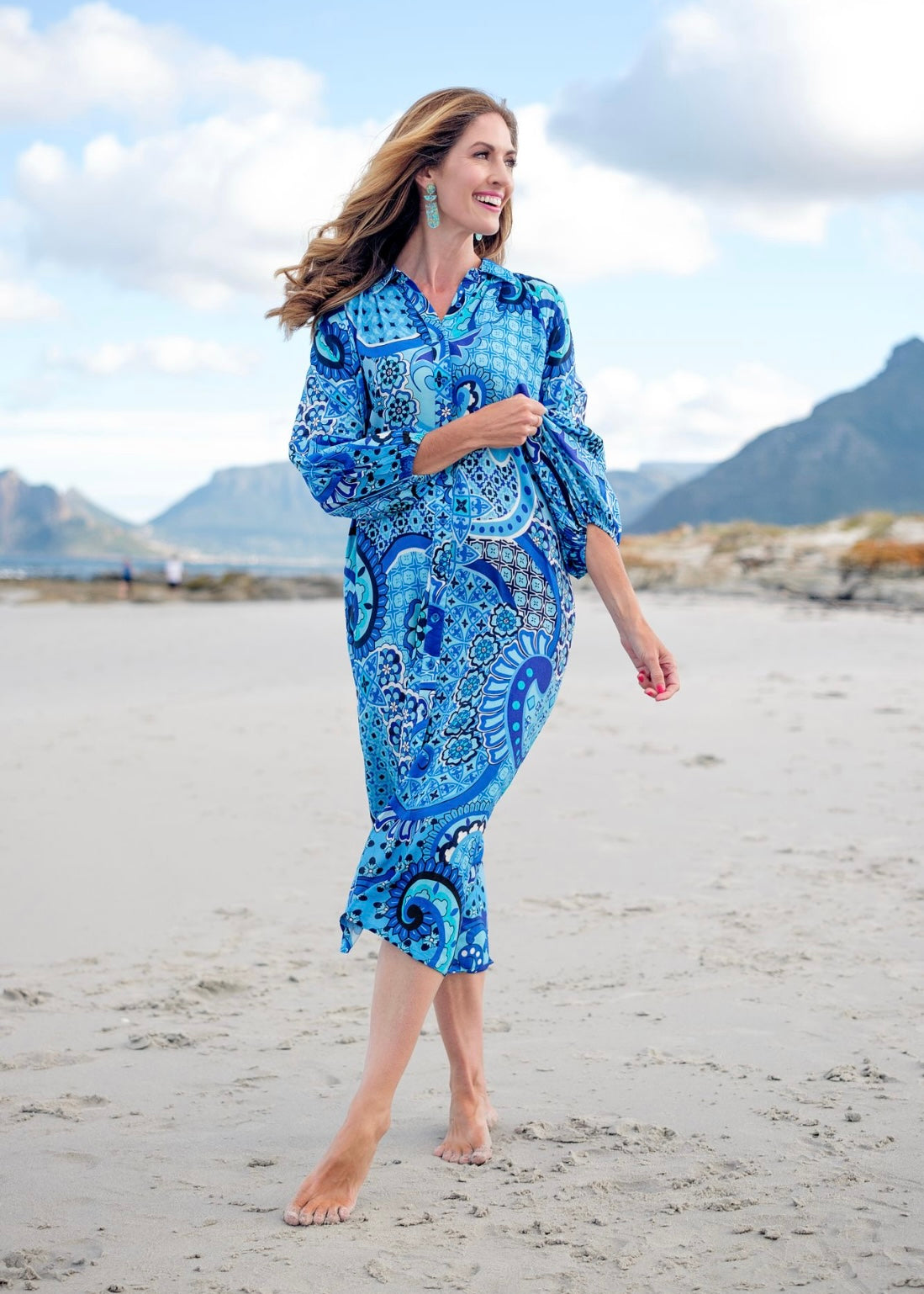 Ruby Raglan Button Down Dress in Blue paisley