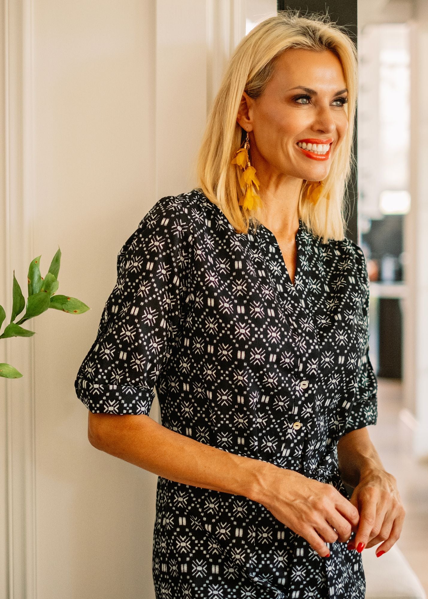 Mandarin Collar Dress in Black and White Tribal