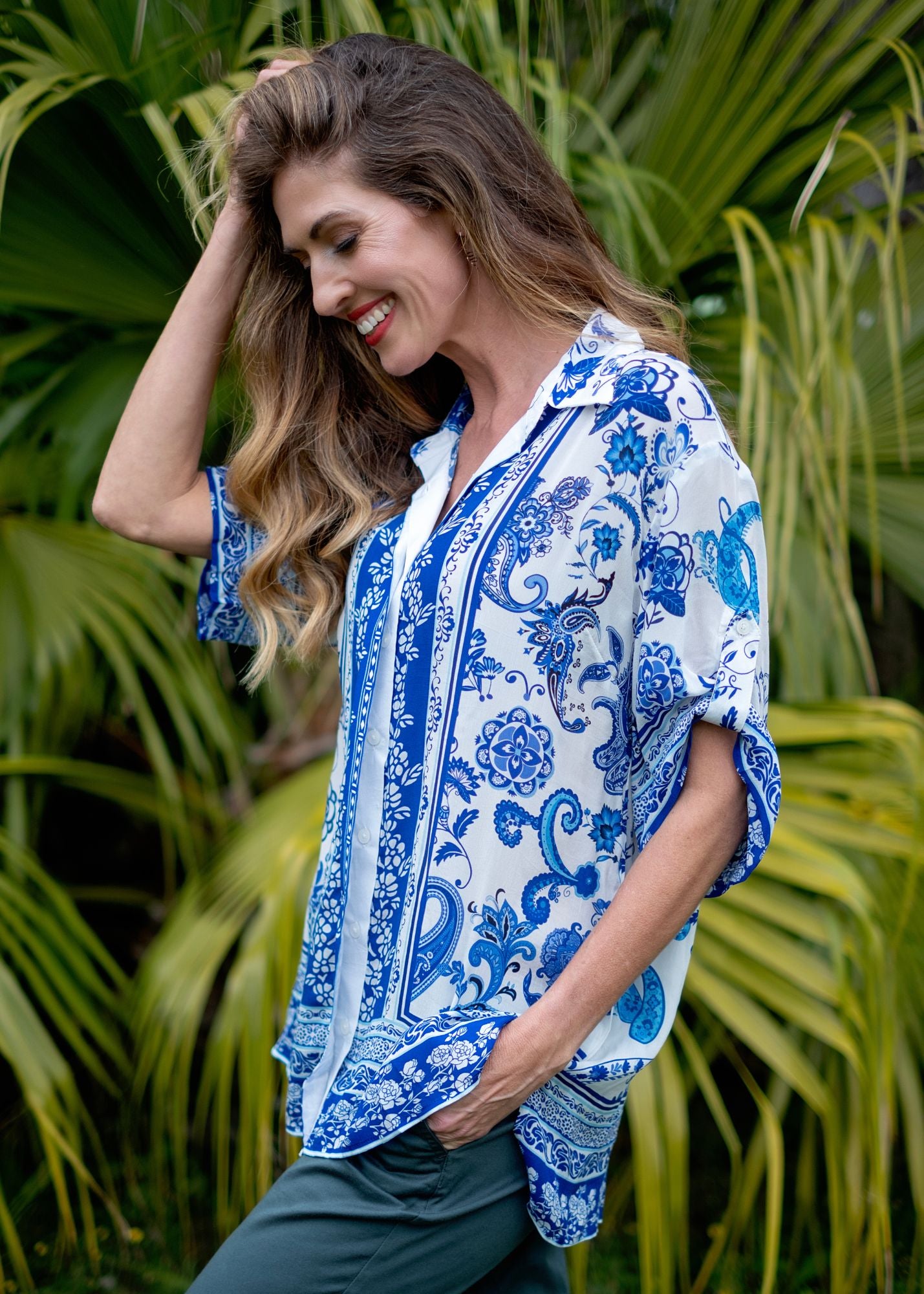 Myla Button down blouse in Blue Floral
