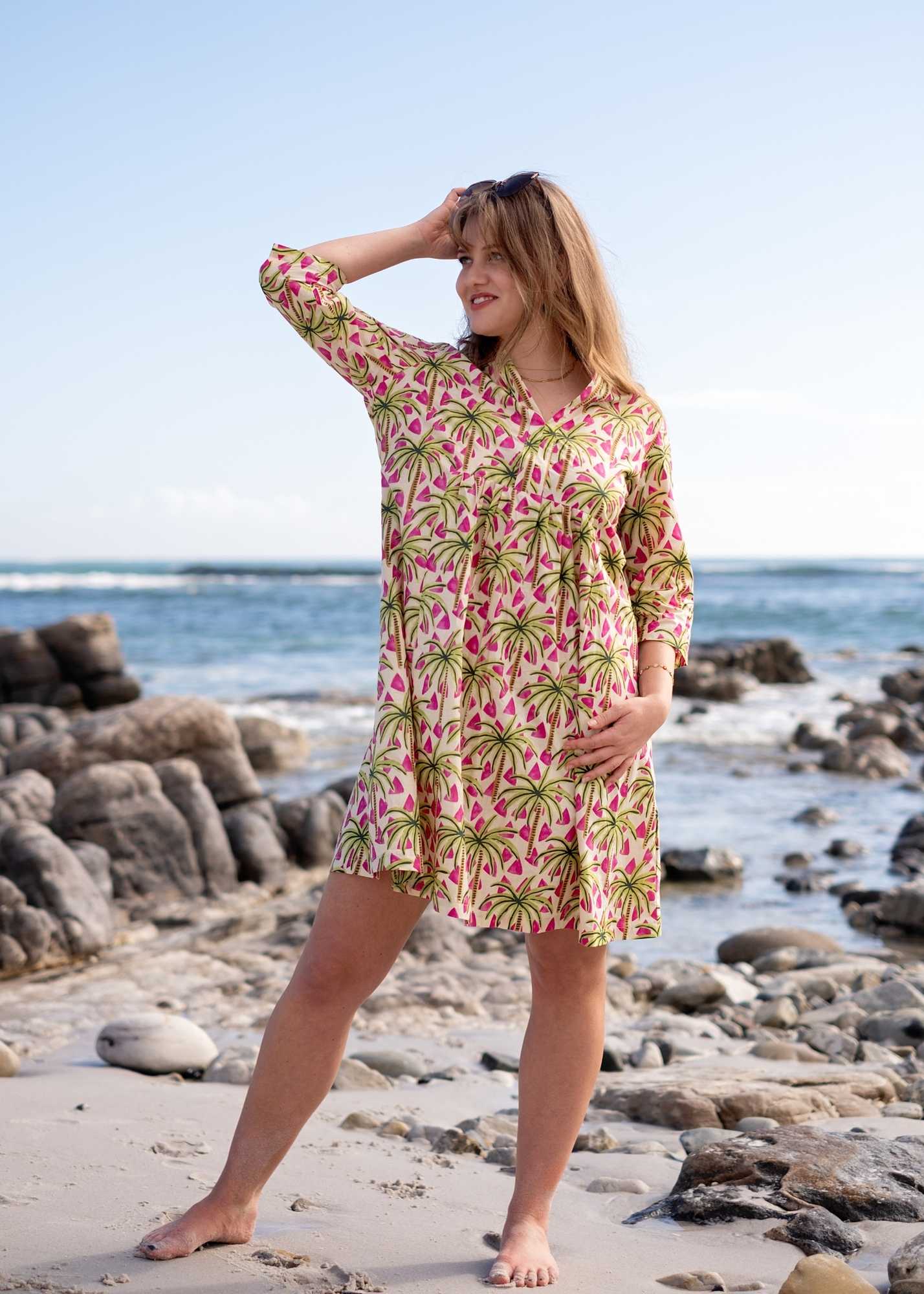Lee-Ann pleated dress Short, Pink and Green Palms