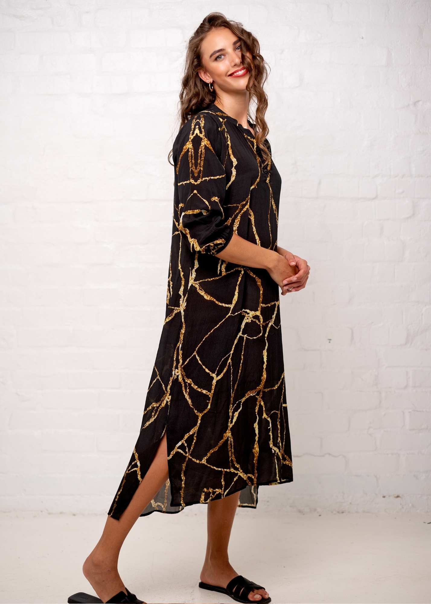 Carli Dress in Black and Gold Marble