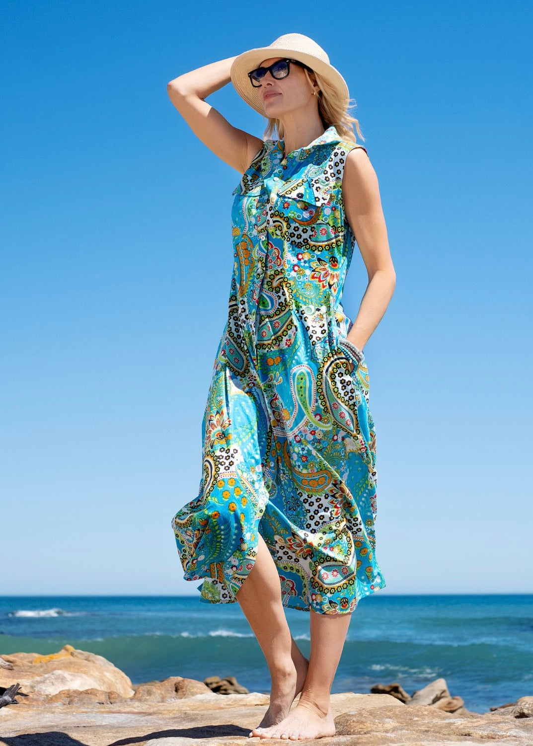 Claudia dress, Turquoise bold paisley