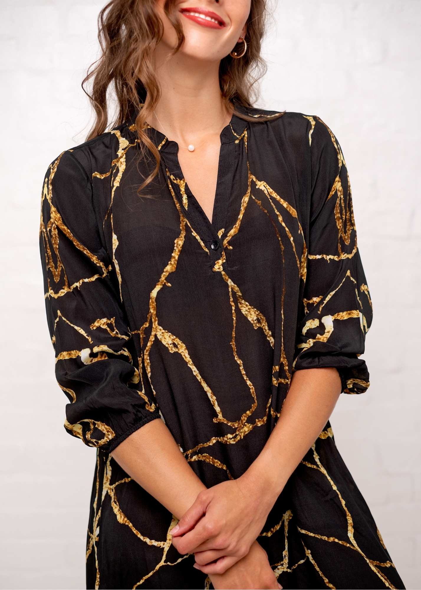 Carli Dress in Black and Gold Marble