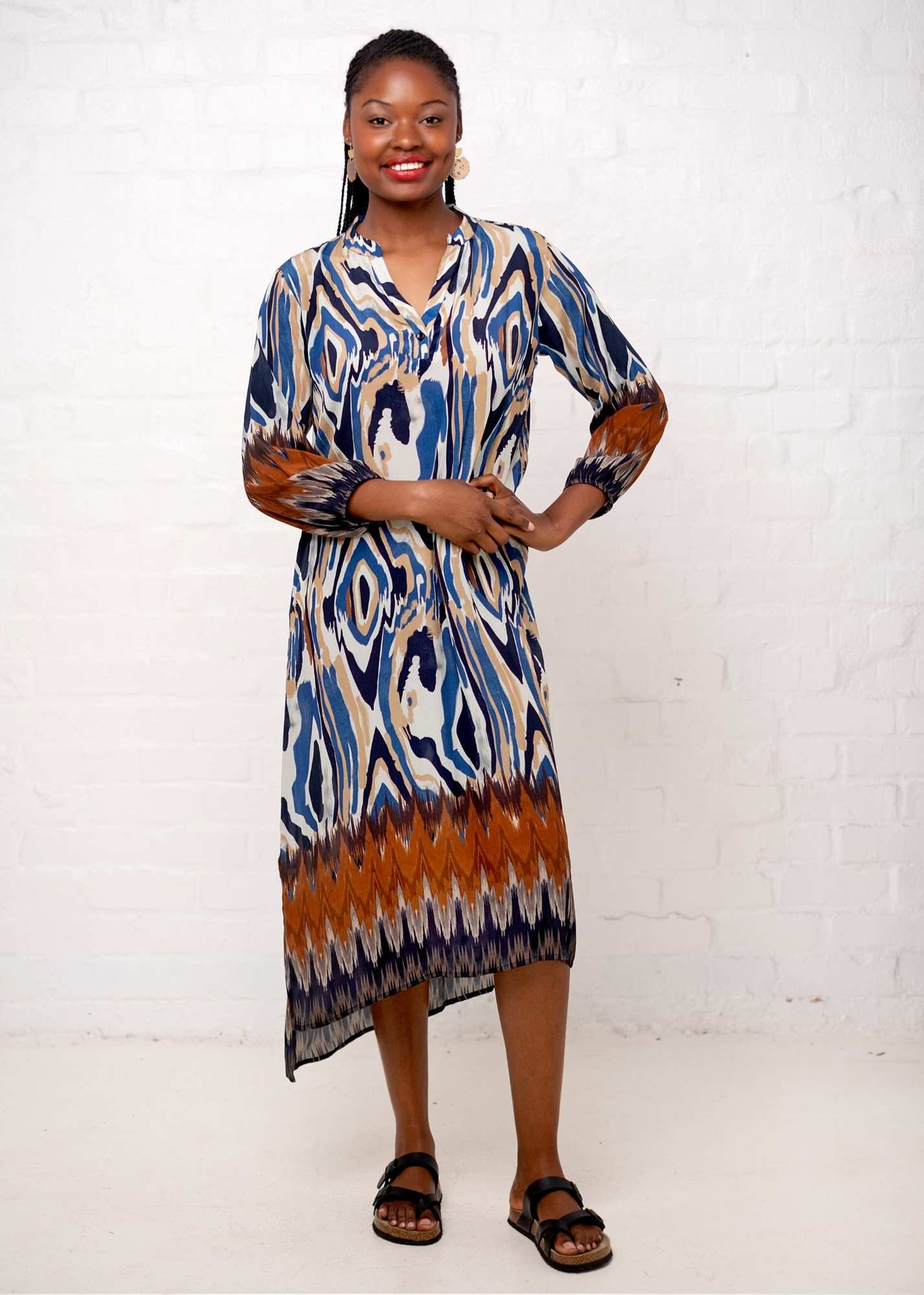 Carli Dress in Taupe and Blue Marble Print