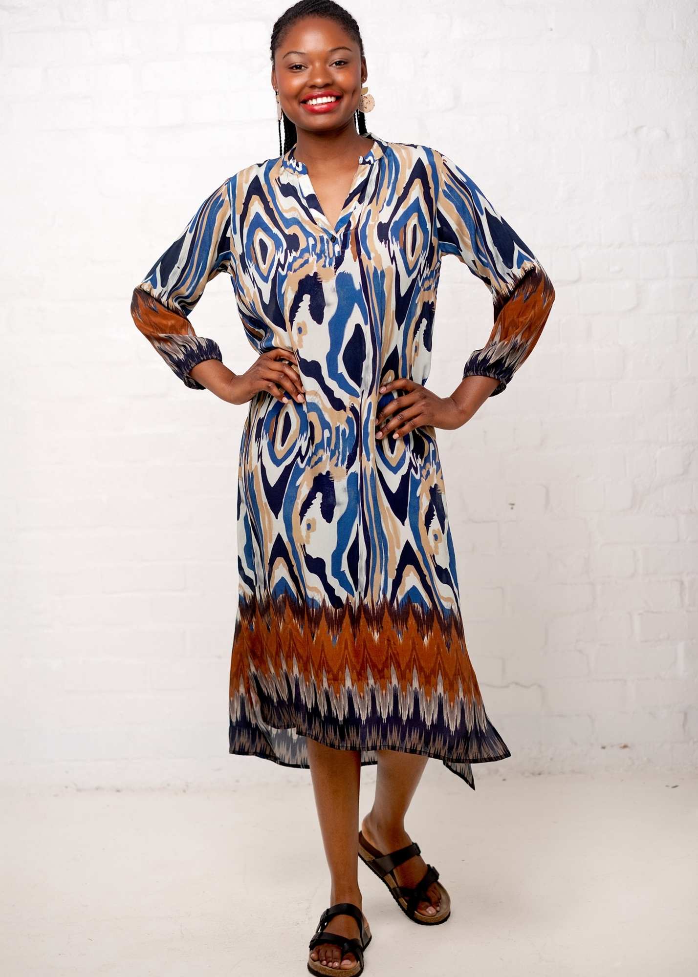 Carli Dress in Taupe and Blue Marble Print