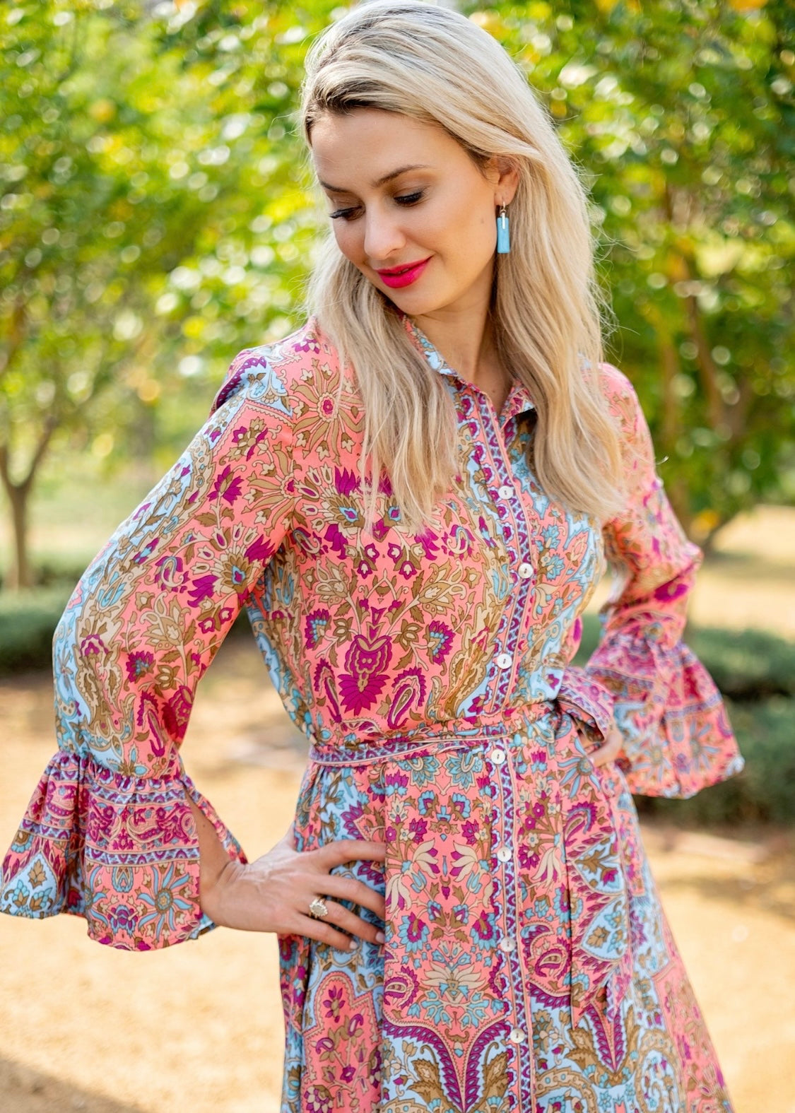 Jewel Dress, Coral Pink & blue