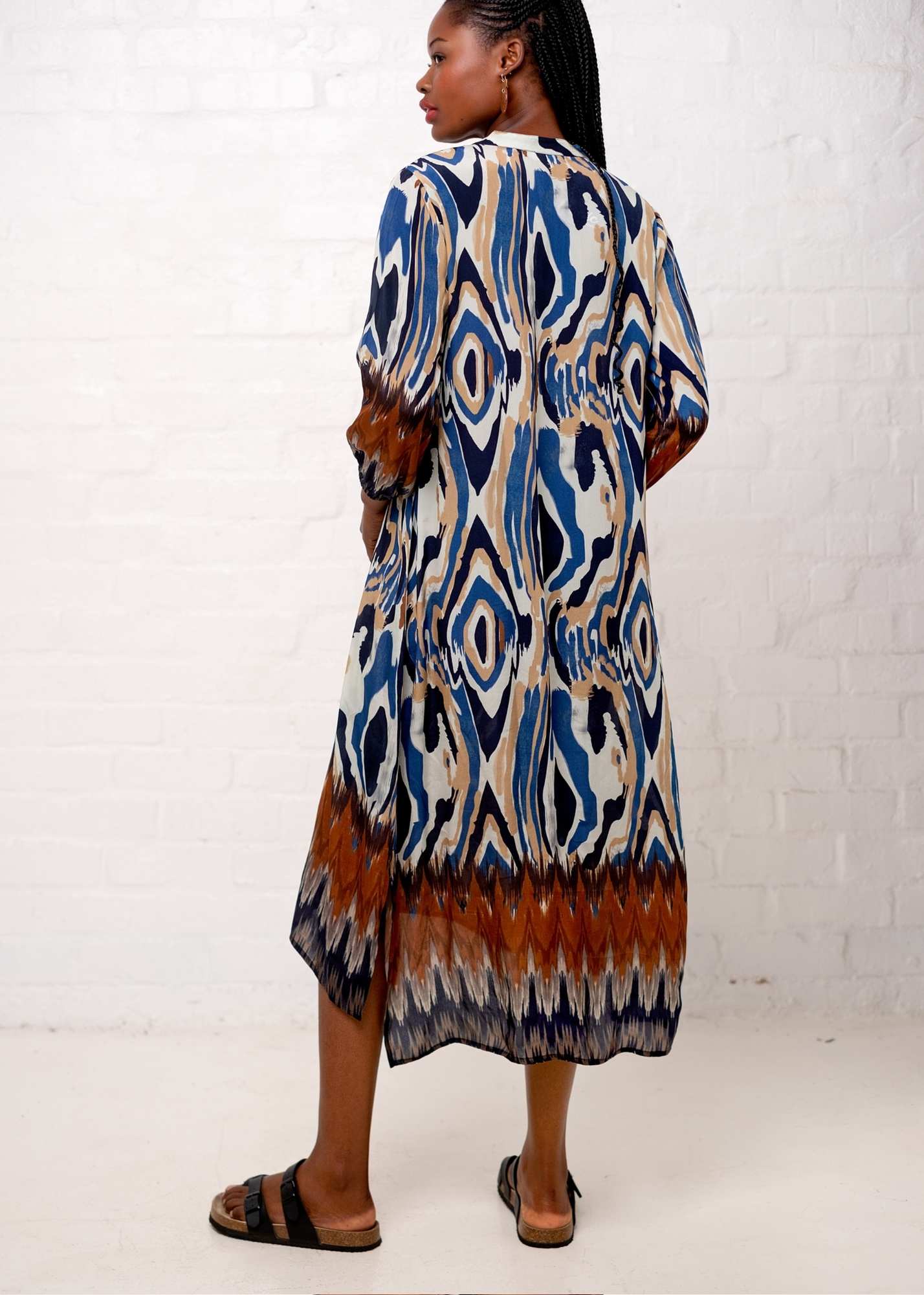 Carli Dress in Taupe and Blue Marble Print