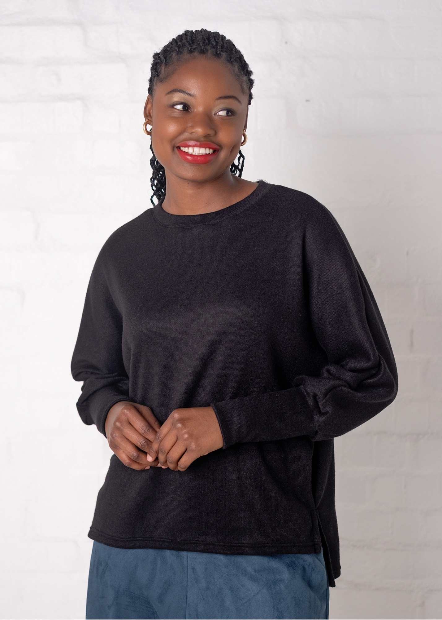 Round Neck Sweater Top, Black Jersey Knit