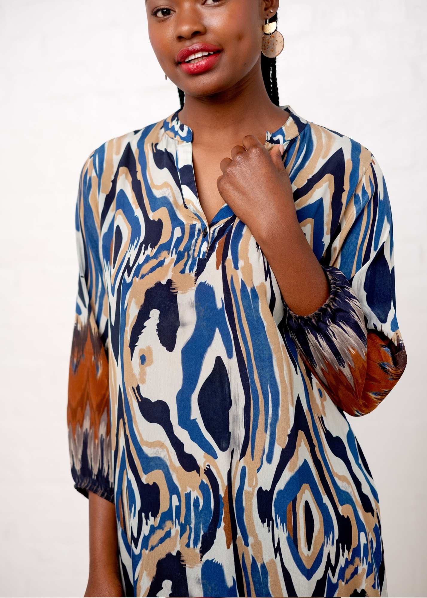 Carli Dress in Taupe and Blue Marble Print