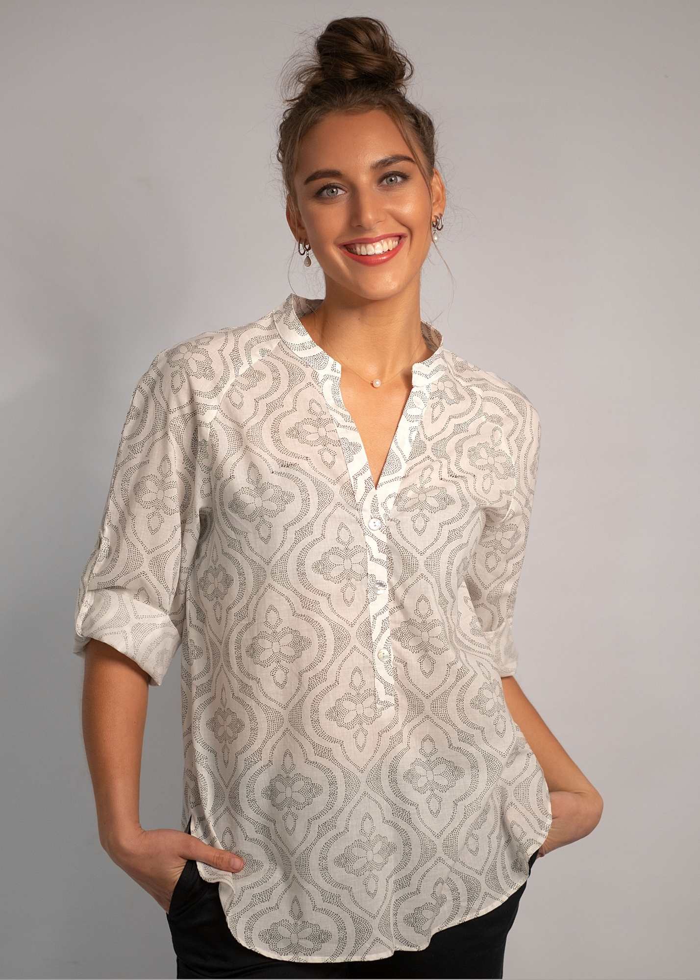 Lola Shirt in White with Black Dot Matrix