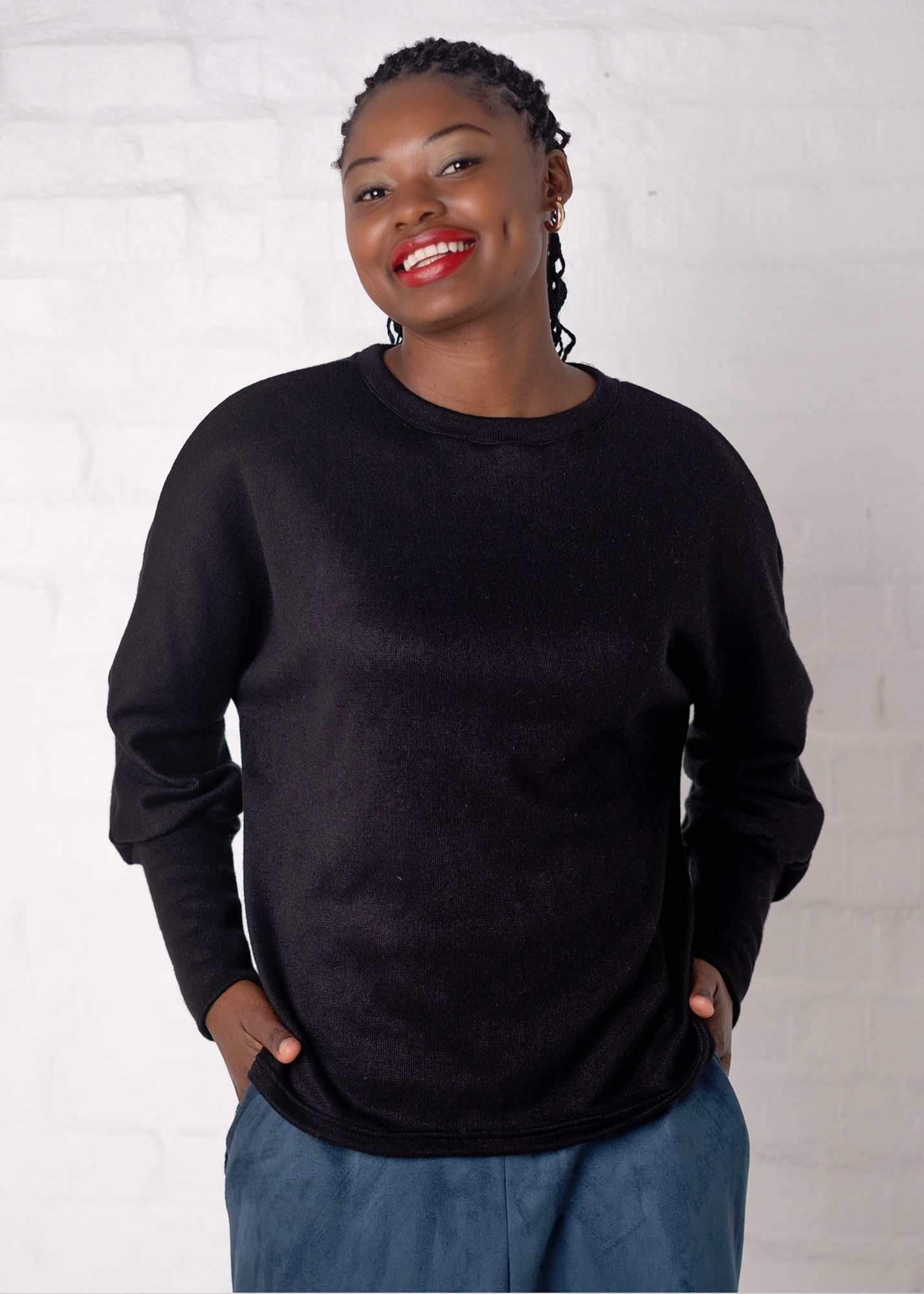 Round Neck Sweater Top, Black Jersey Knit