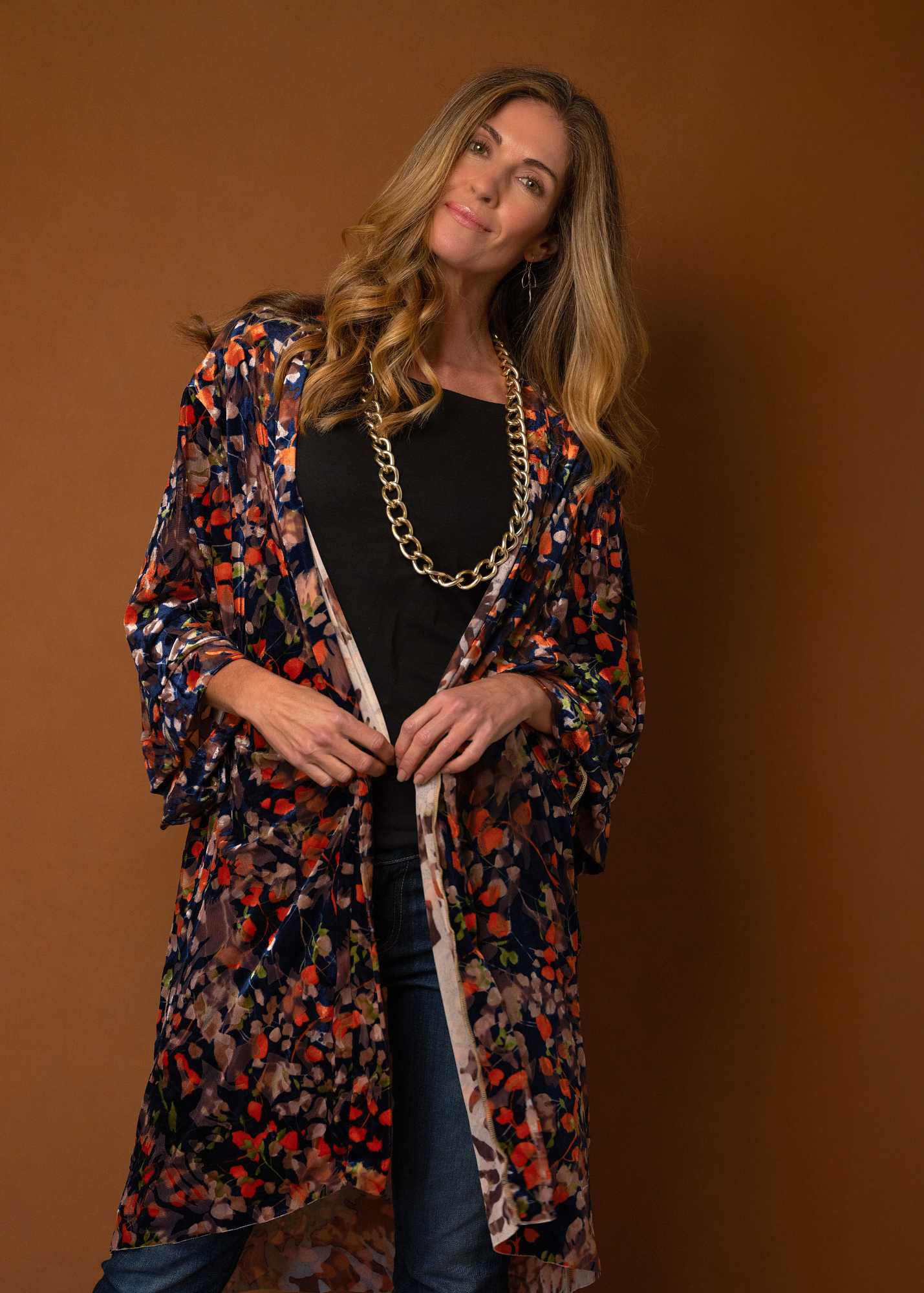 Velvet Bloom Kimono in Navy and Coral