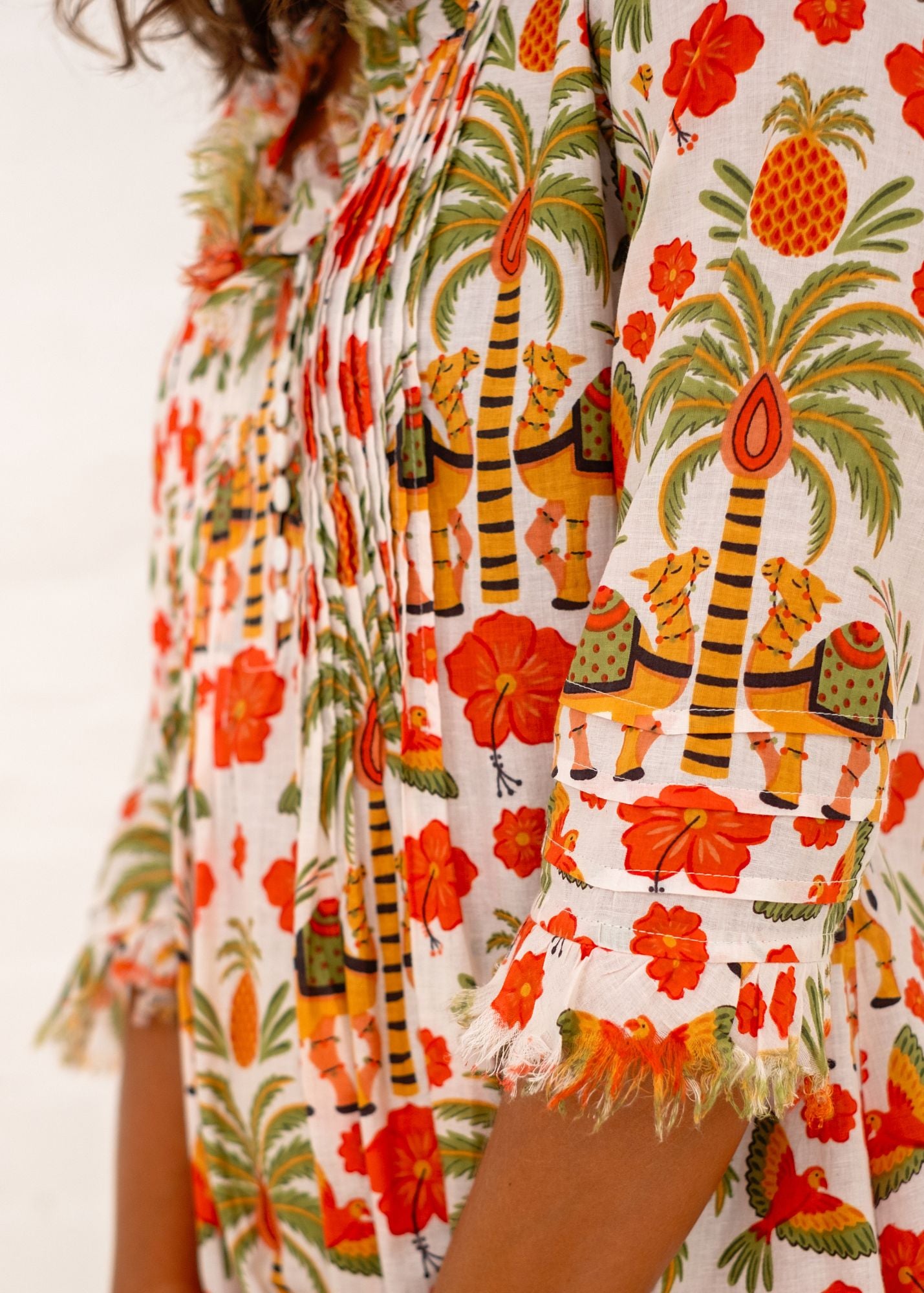 Sarah Dress with Frill in Orange and Green Camel KNEE LENGTH
