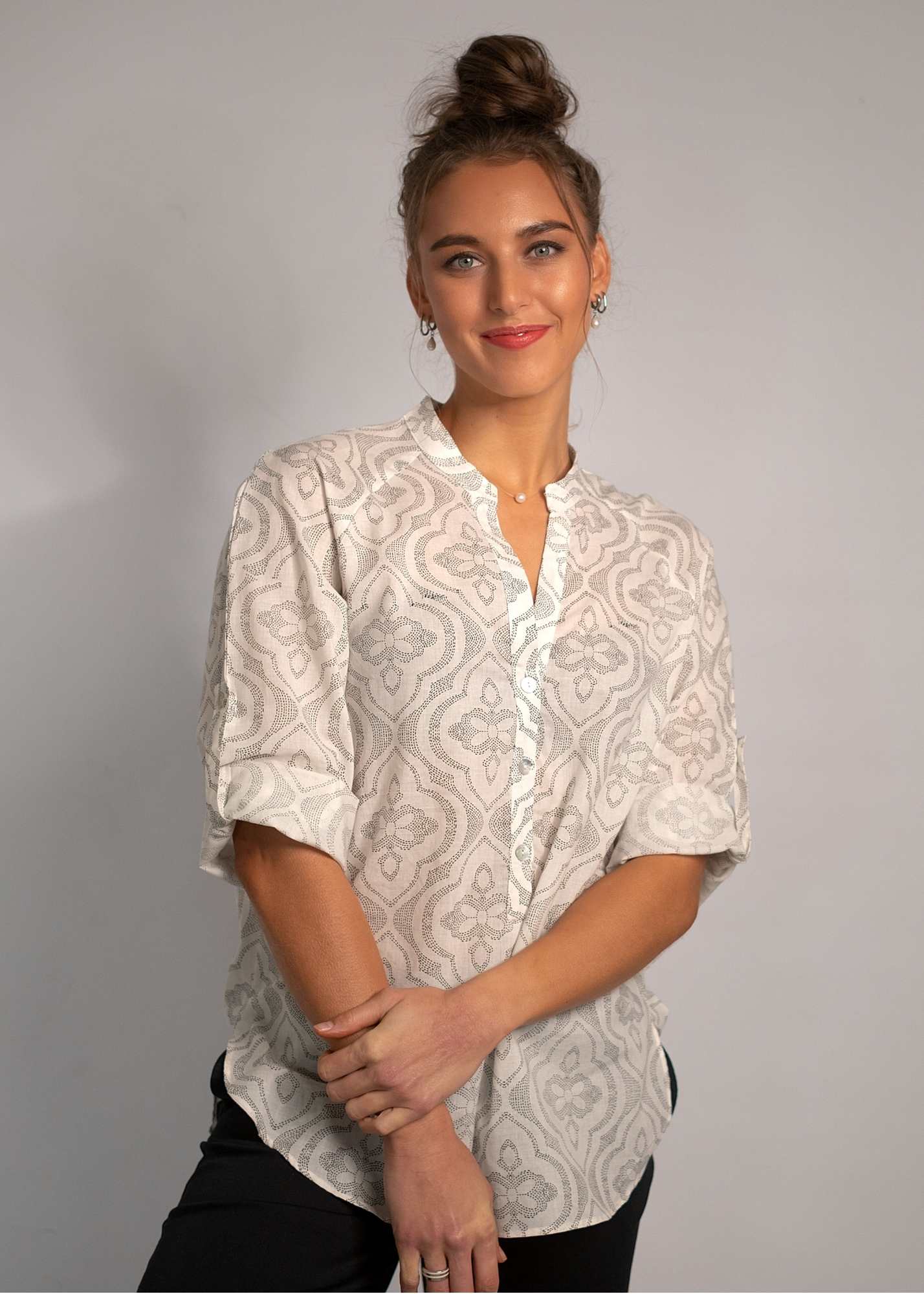 Lola Shirt in White with Black Dot Matrix
